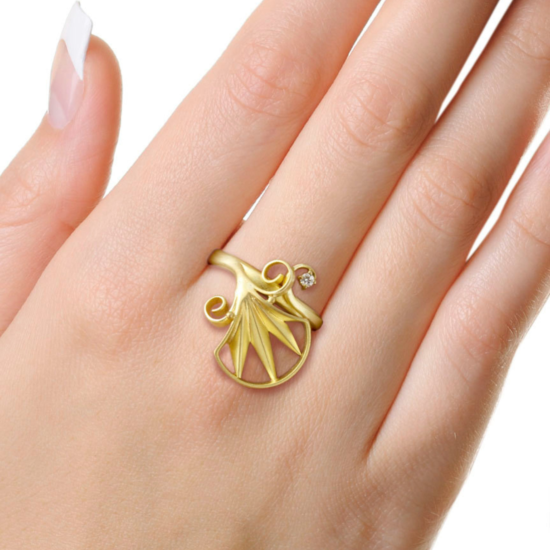 Arch and scroll 18K gold ring with a diamond