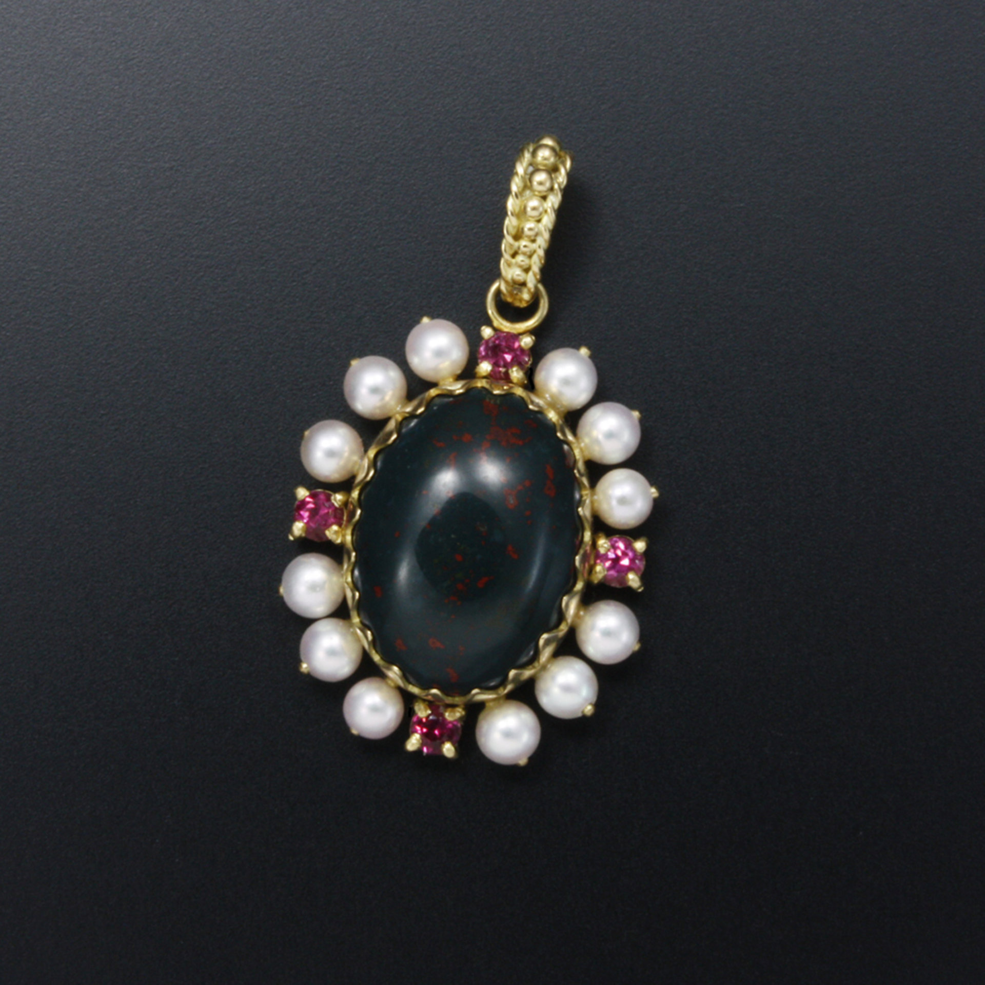 Bloodstone, rubellite tourmaline, and akoya pearl 18K yellow gold pendant