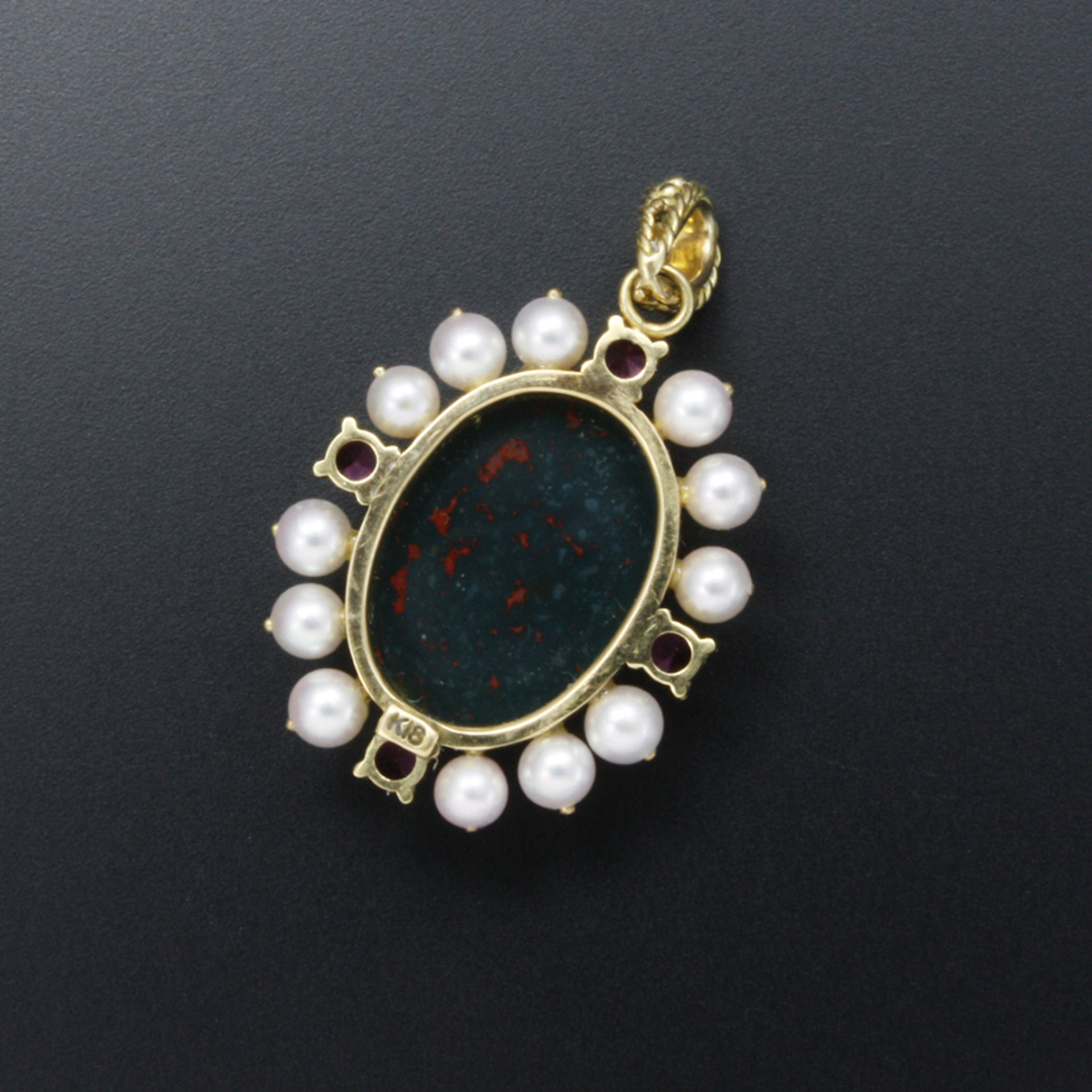 Bloodstone, rubellite tourmaline, and akoya pearl 18K yellow gold pendant