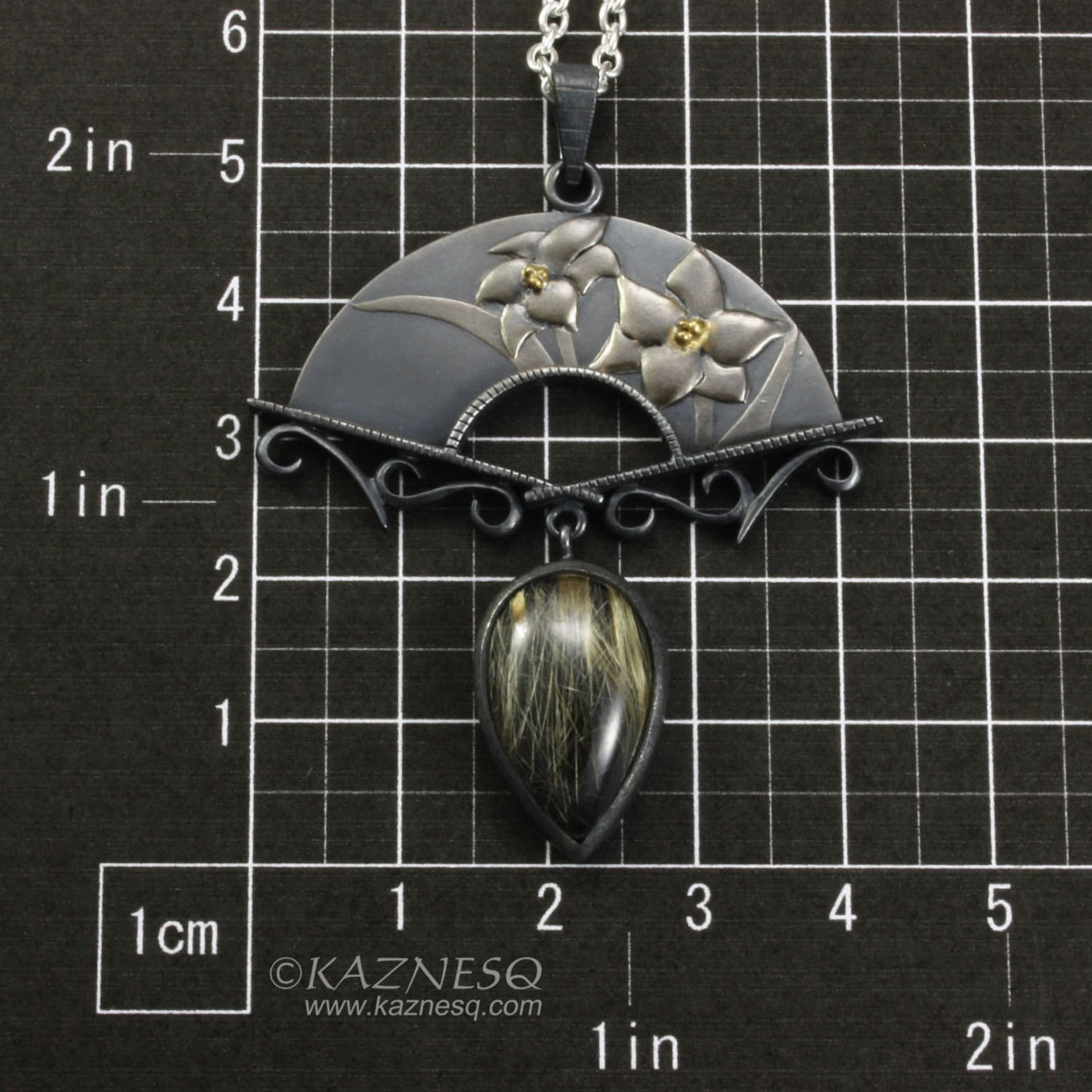 (C) KAZESQ:  Spring flower Keum Boo silver  necklacewith a rutilated quartz