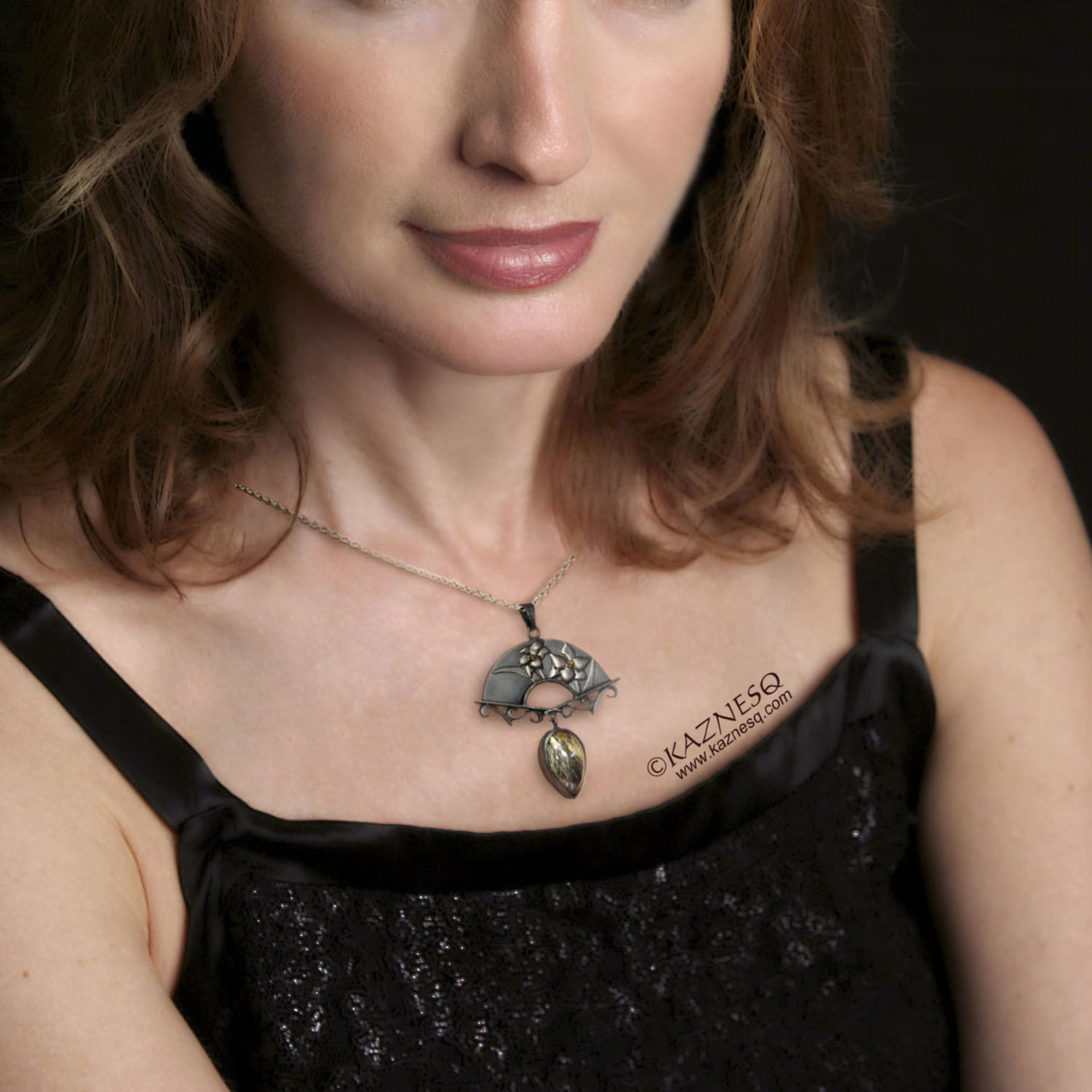 (C) KAZESQ:  Spring flower Keum Boo silver  necklacewith a rutilated quartz