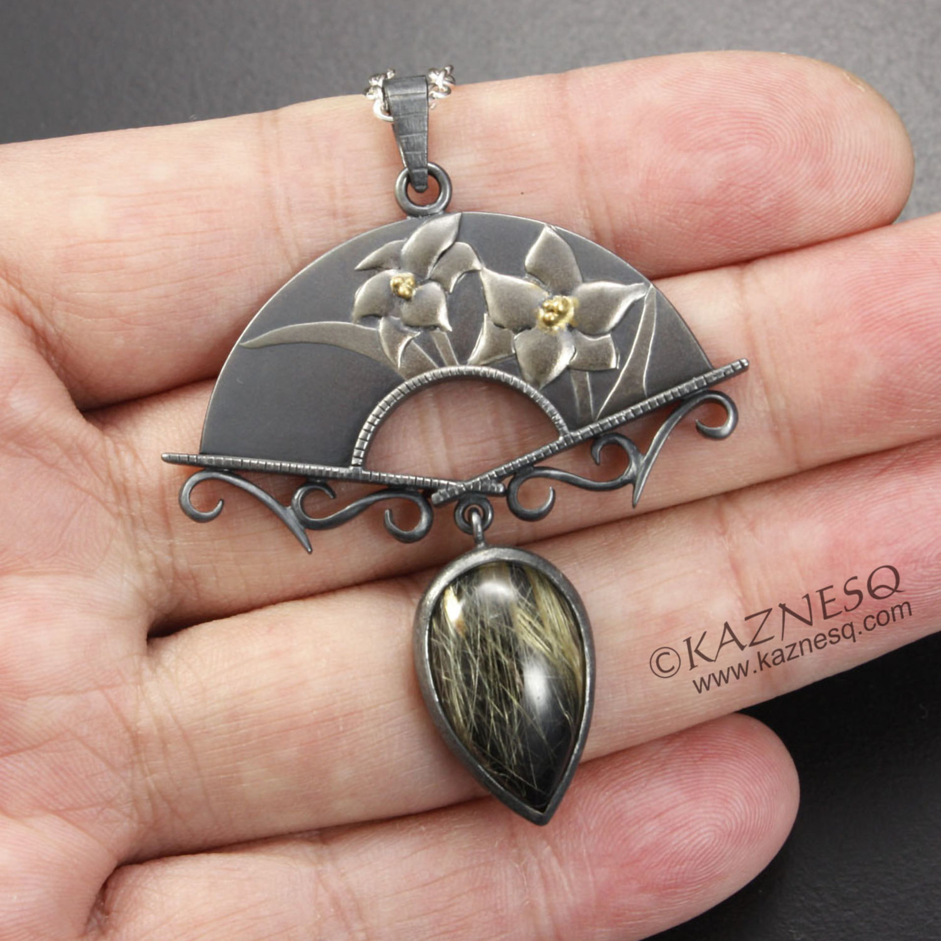 (C) KAZESQ:  Spring flower Keum Boo silver  necklacewith a rutilated quartz