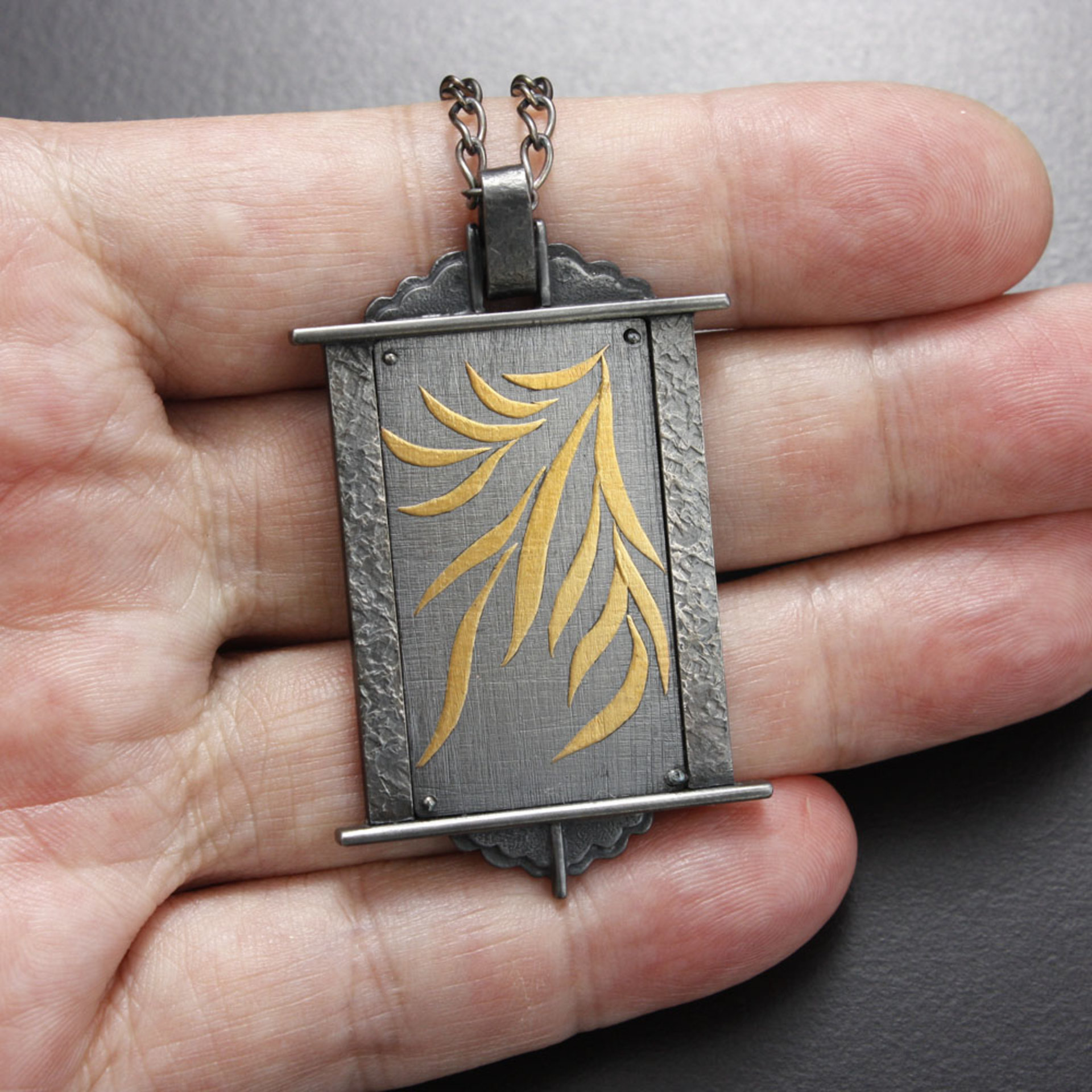 SOLD: Thriving leaves rectangle Keum Boo pendant