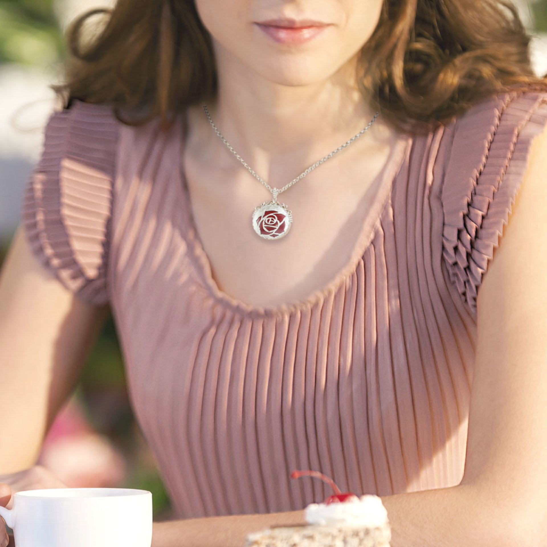 Sold Sale: Burgundy rose open work pendant with heat patinaed copper