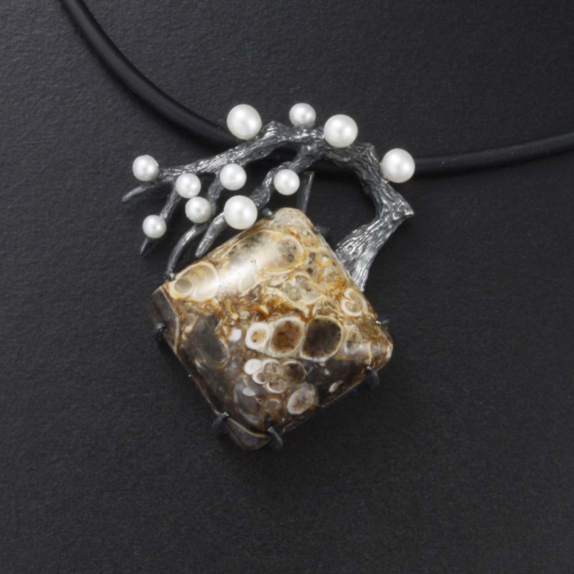 SOLD: White pearl blossom tree on an agate pendant