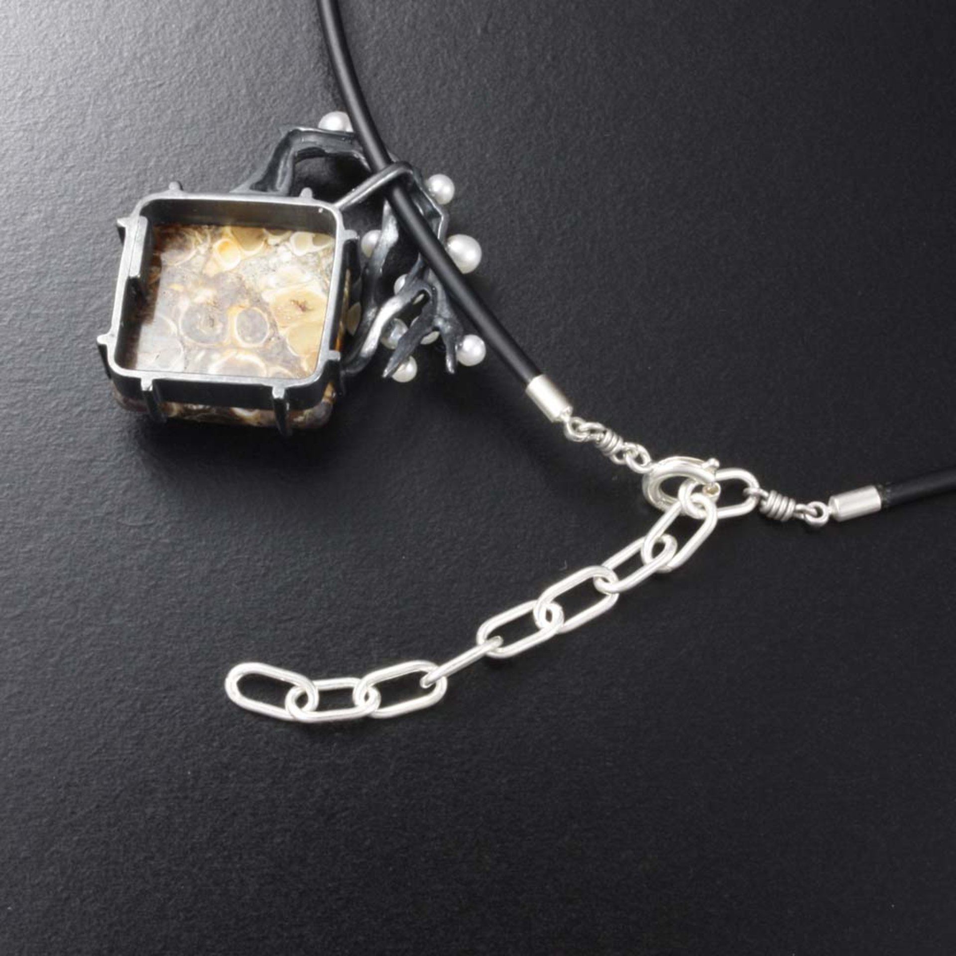 SOLD: White pearl blossom tree on an agate pendant