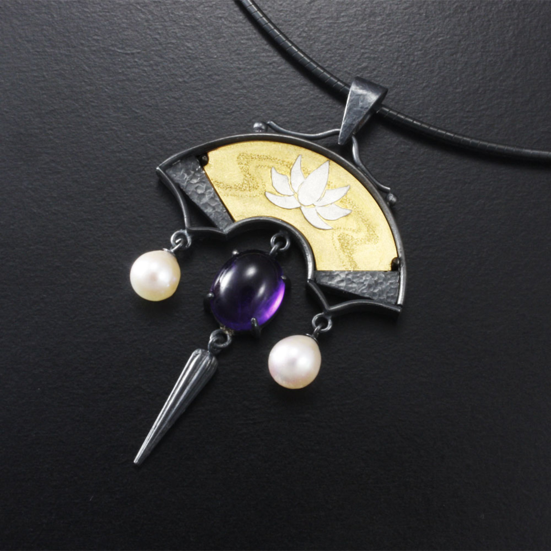 Amethyst and lotus gold Keum Boo silver pendant