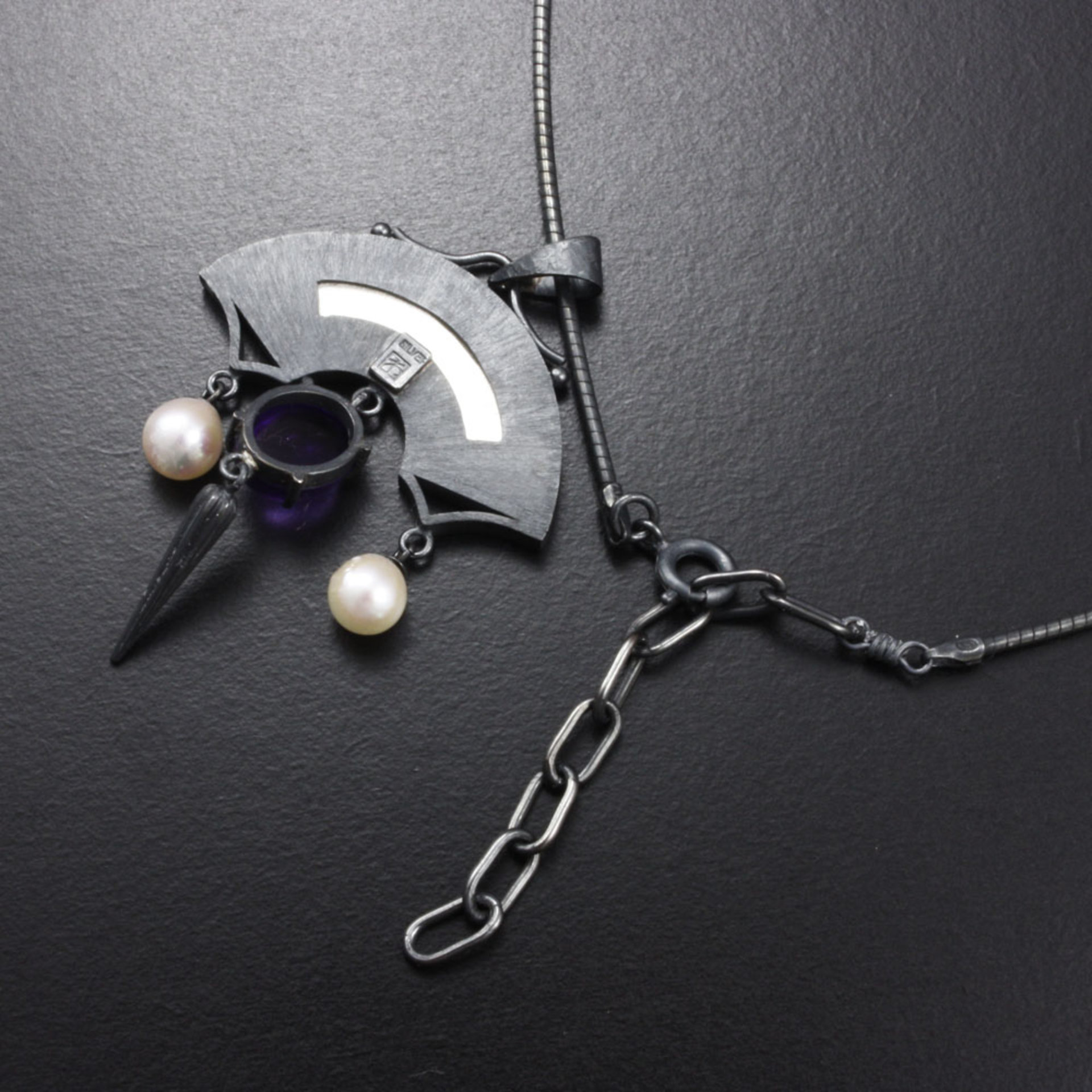 Amethyst and lotus gold Keum Boo silver pendant