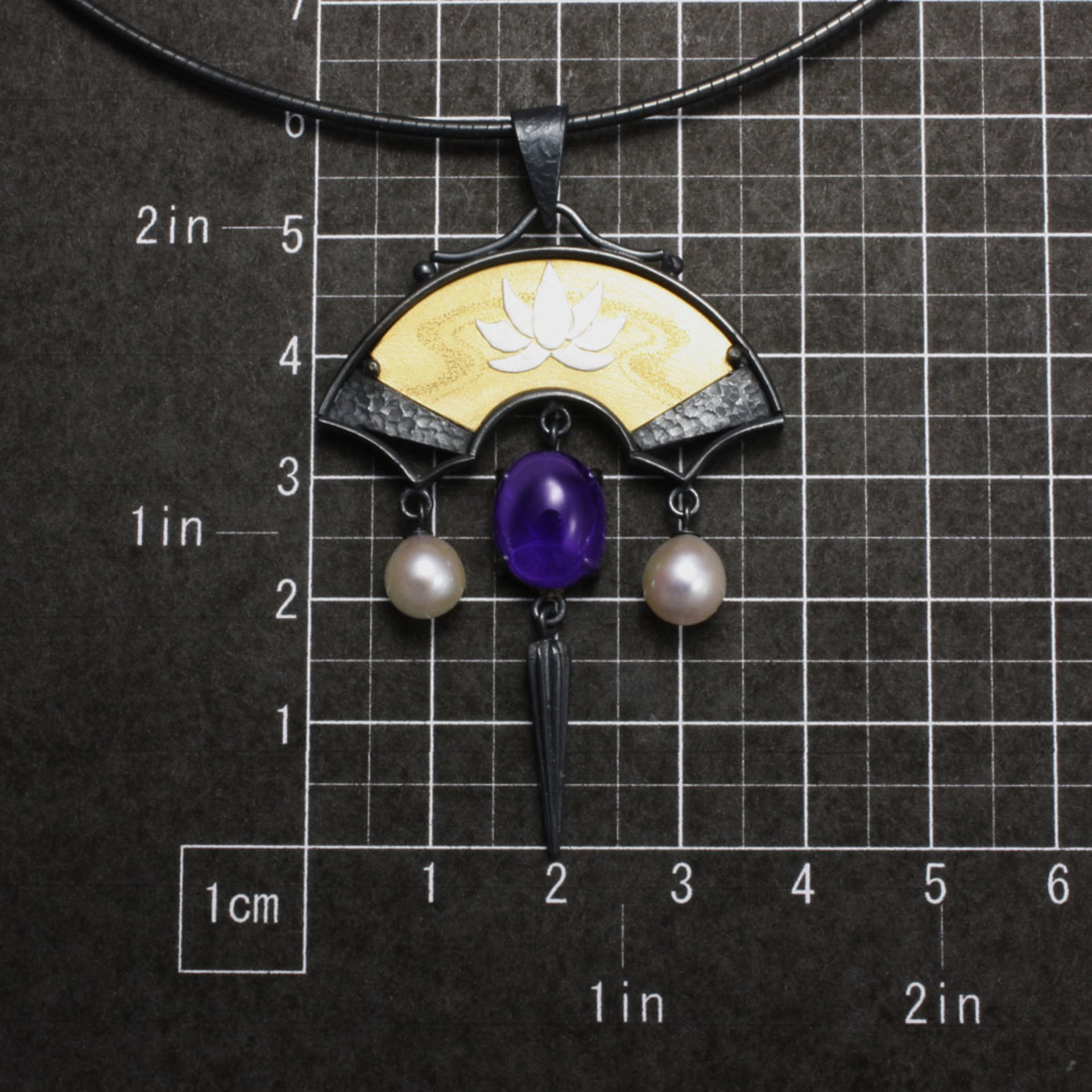 Amethyst and lotus gold Keum Boo silver pendant