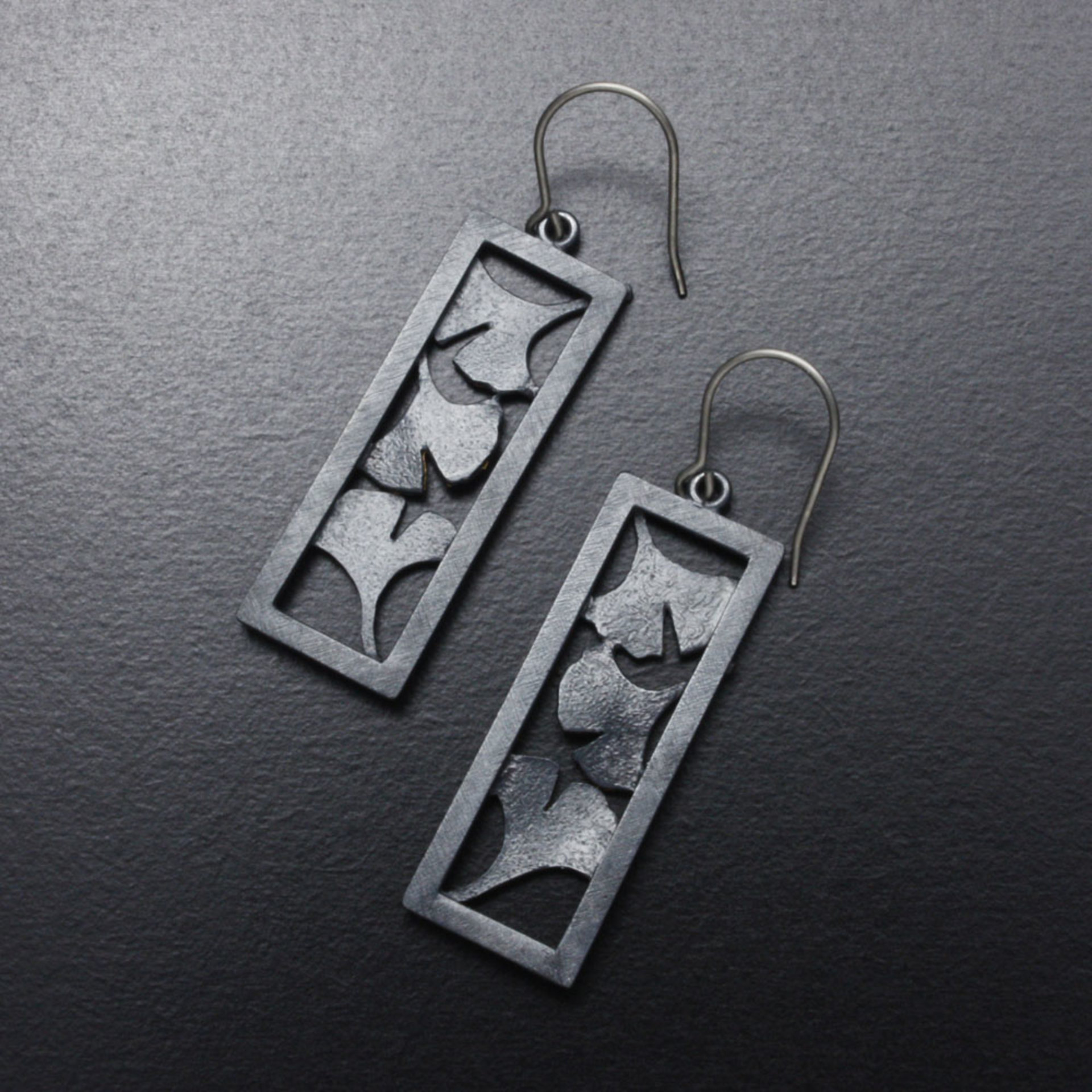 SOLD: Art Deco oxidized silver Ginkgo earrings with gold Keum Boo