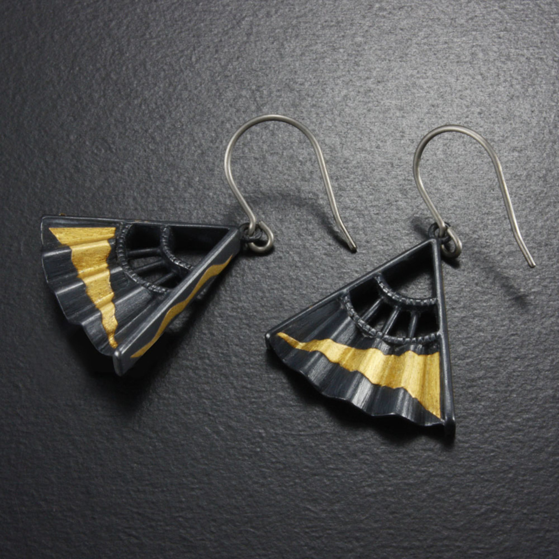 Sold: Japanese earrings, Keum Boo earrings, oxidized silver earrings of fan motif