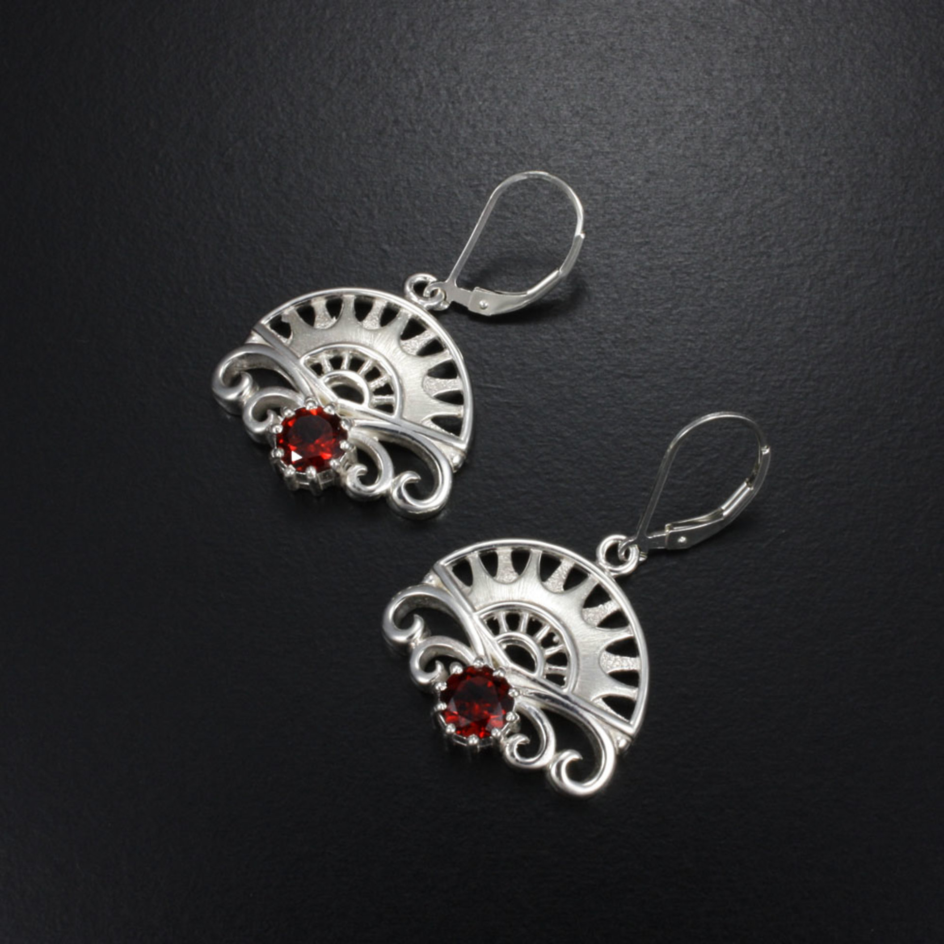 Art Deco earrings, silver earrings, garnet earrings of arch and scrolls