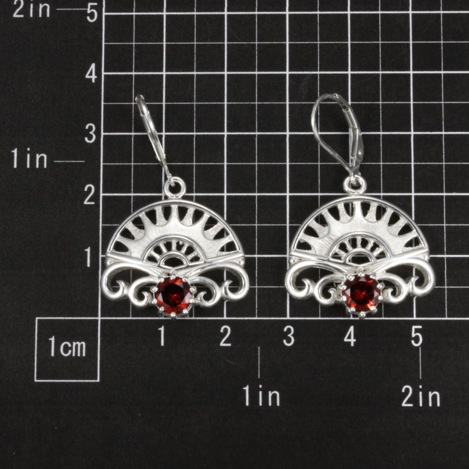 SOLD: Art Deco earrings, silver earrings, garnet earrings of arch and scrolls