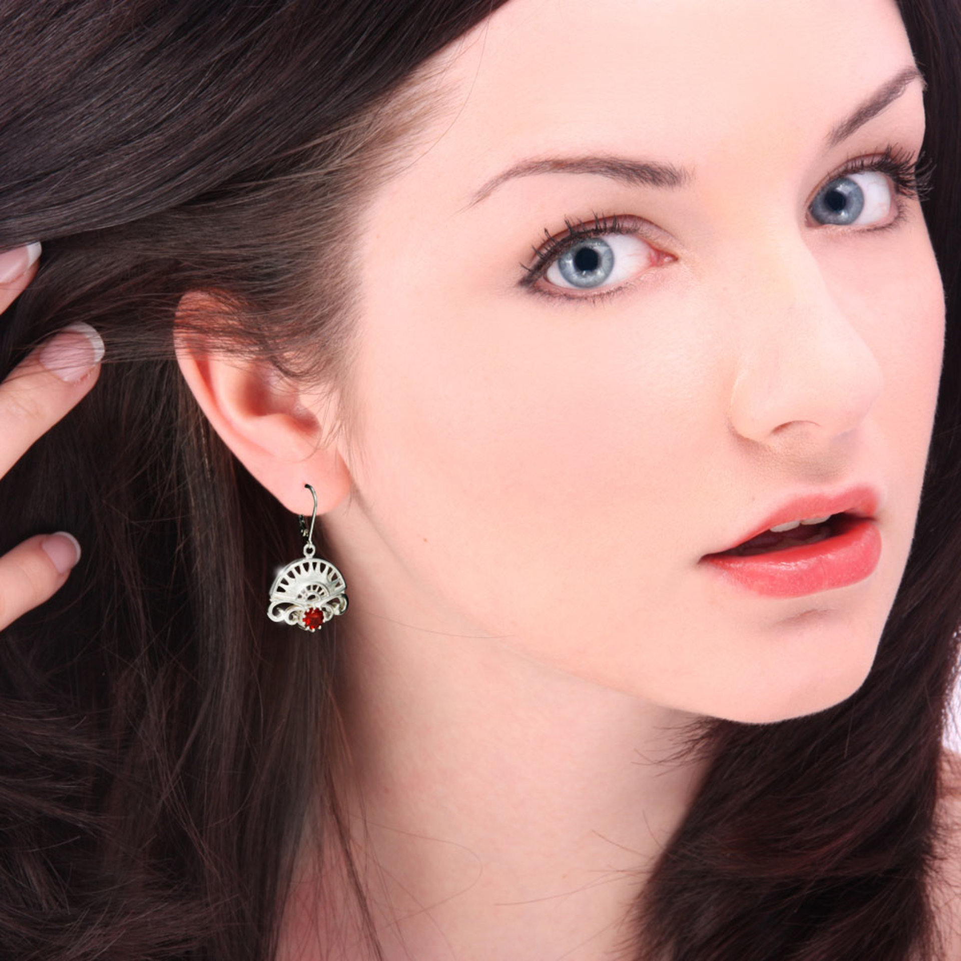 SOLD: Art Deco earrings, silver earrings, garnet earrings of arch and scrolls