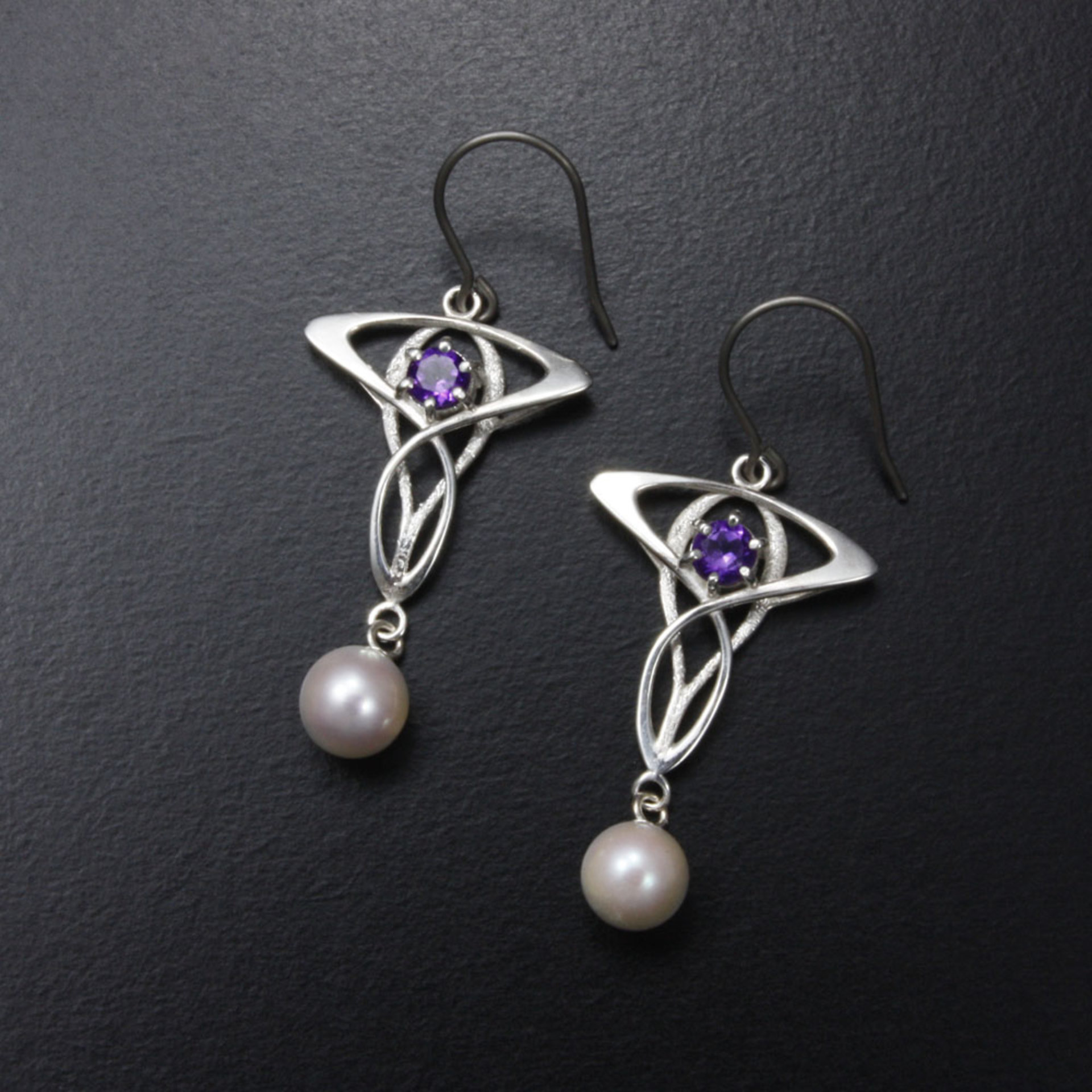 Art Nouveau earrings, silver earrings with amethyst and akoya pearl