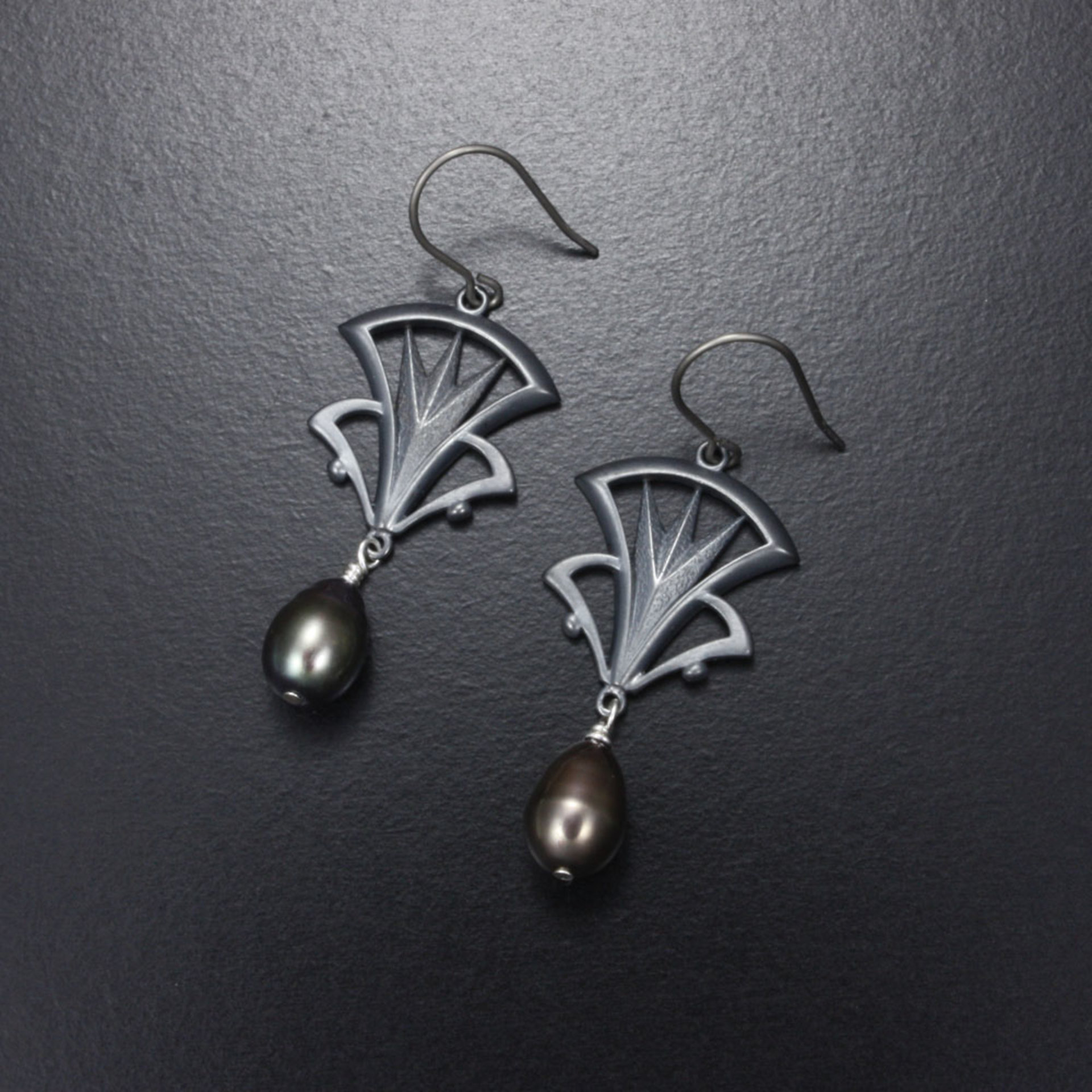 Art Deco earrings, oxidized silver earrings with freshwater pearls
