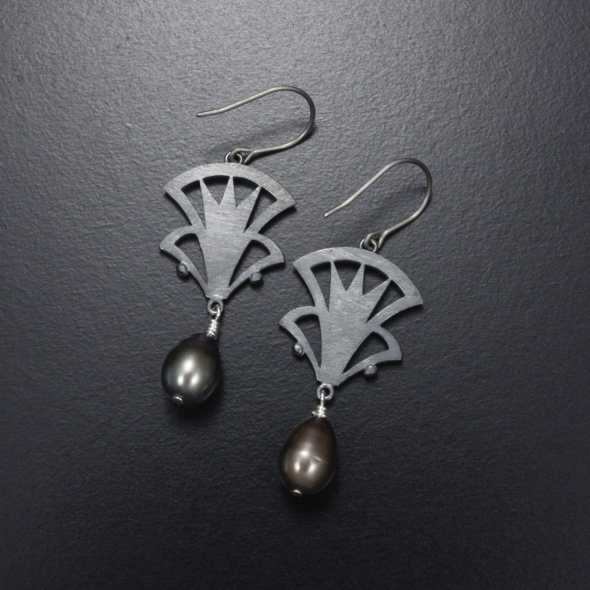 SOLD: Art Deco earrings, oxidized silver earrings with freshwater pearls