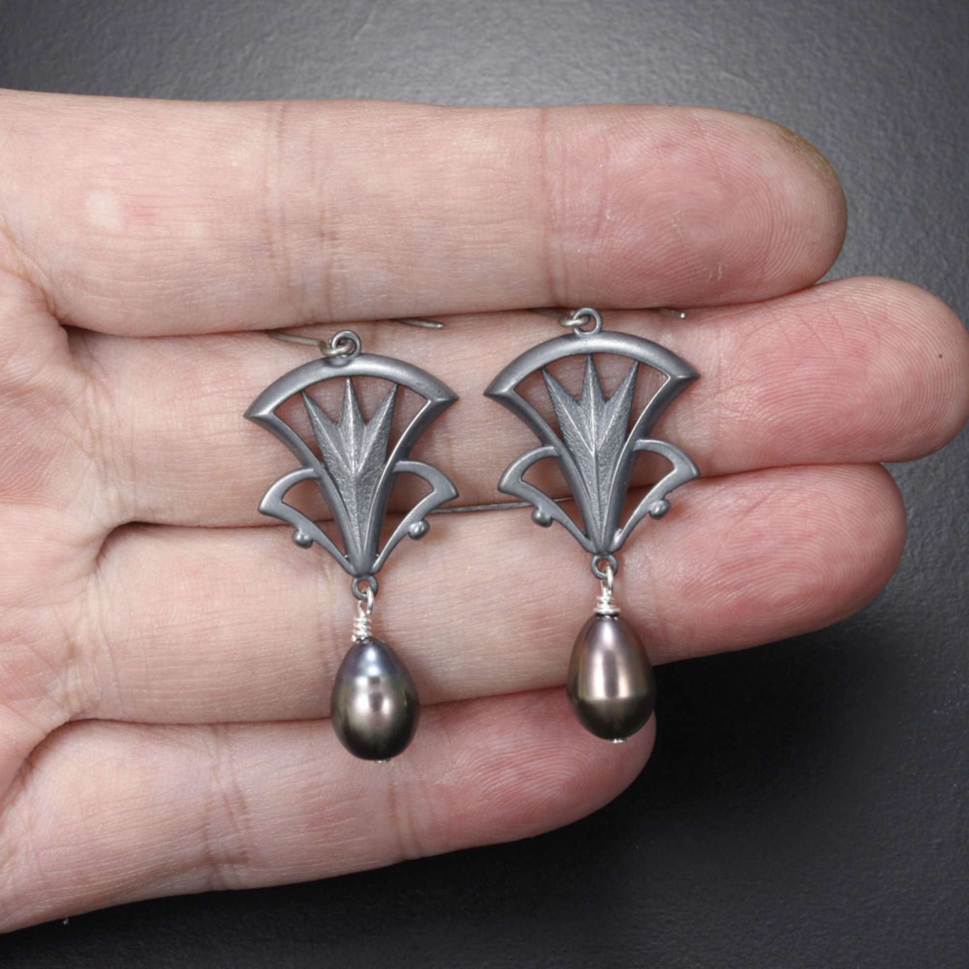 Art Deco earrings, oxidized silver earrings with freshwater pearls