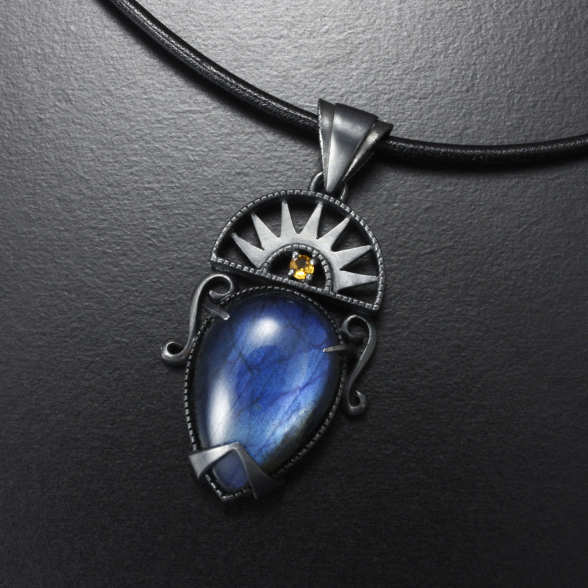 Labradorite pendant necklace, oxidized silver pendant necklace, Art Deco pendant