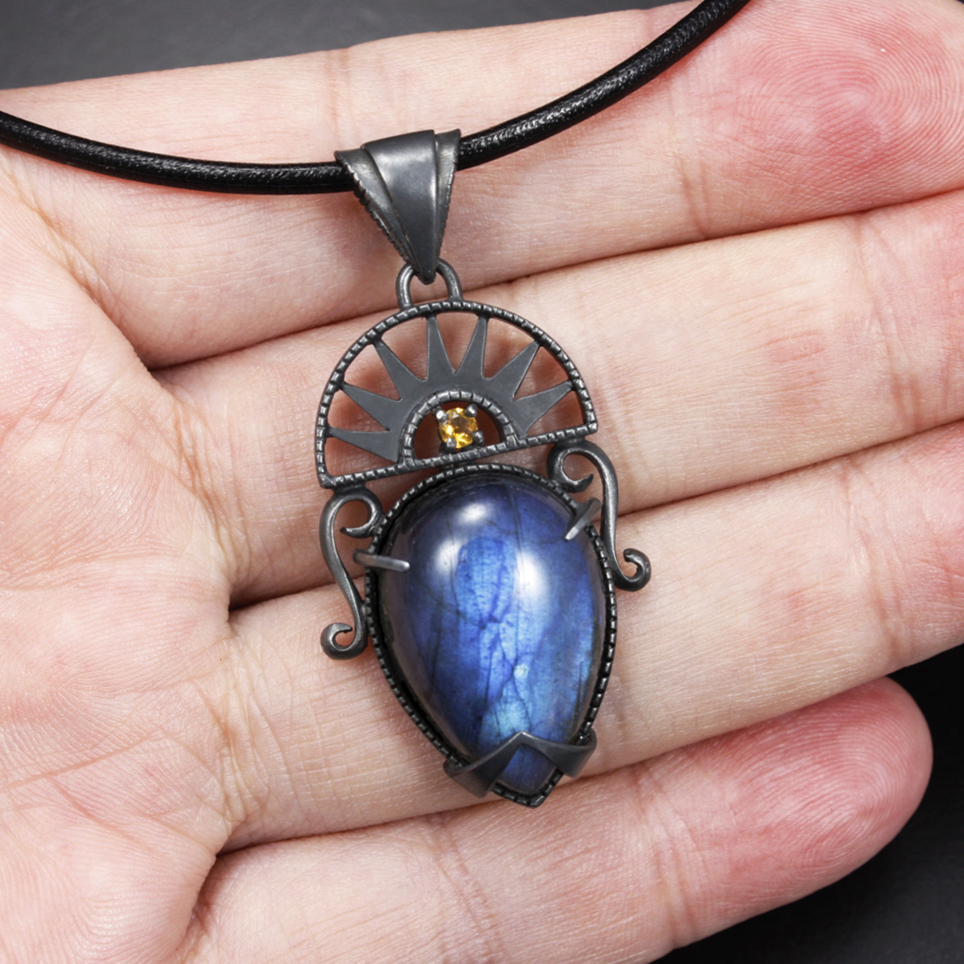 Labradorite pendant necklace, oxidized silver pendant necklace, Art Deco pendant