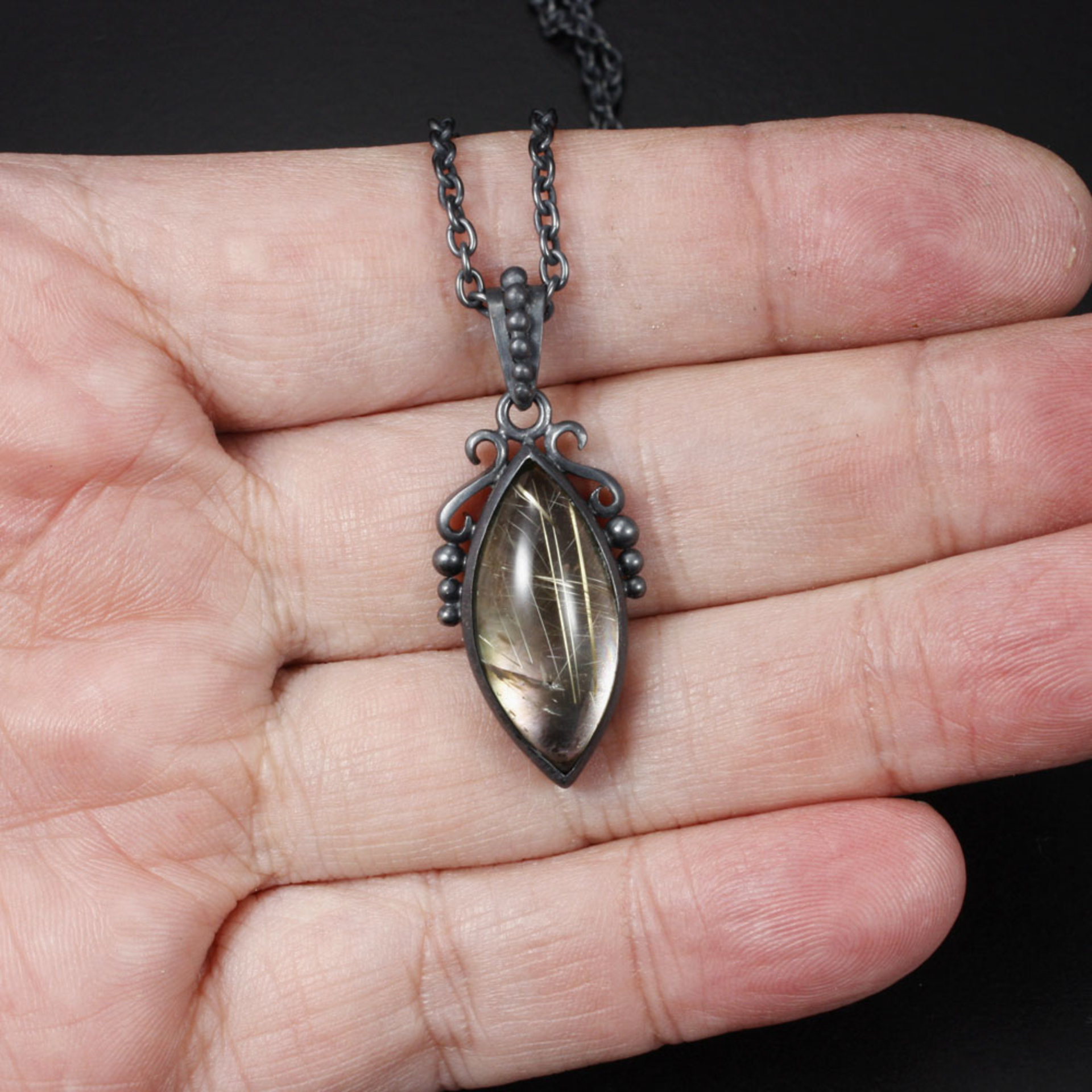 Rutilated quartz pendant, oxidized silver pendant necklace, black mother of pear