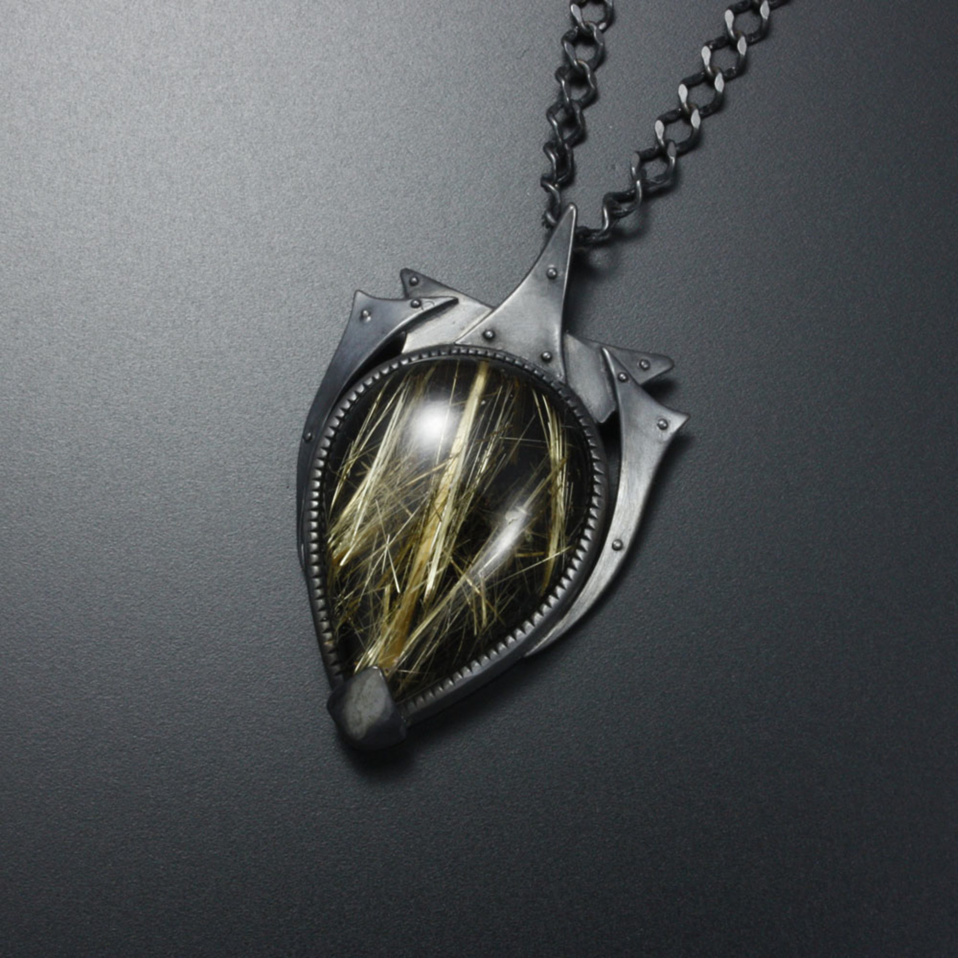 Rutilated quarts pendant, oxidized silver pendant necklace, Goth pendant necklac