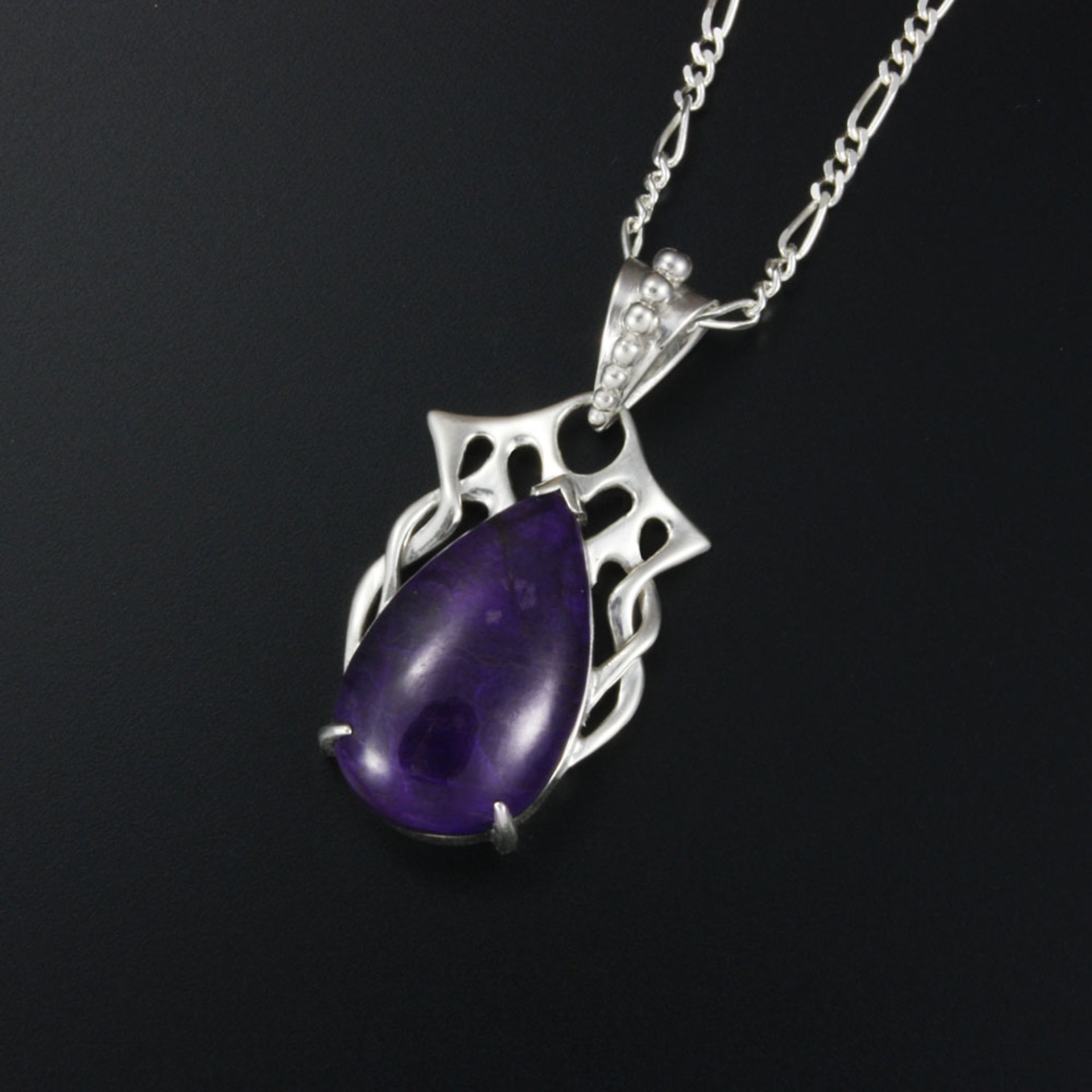 SOLD: Art Nouveau style pendant necklace, Sugilite pendant, silver pendant necklace