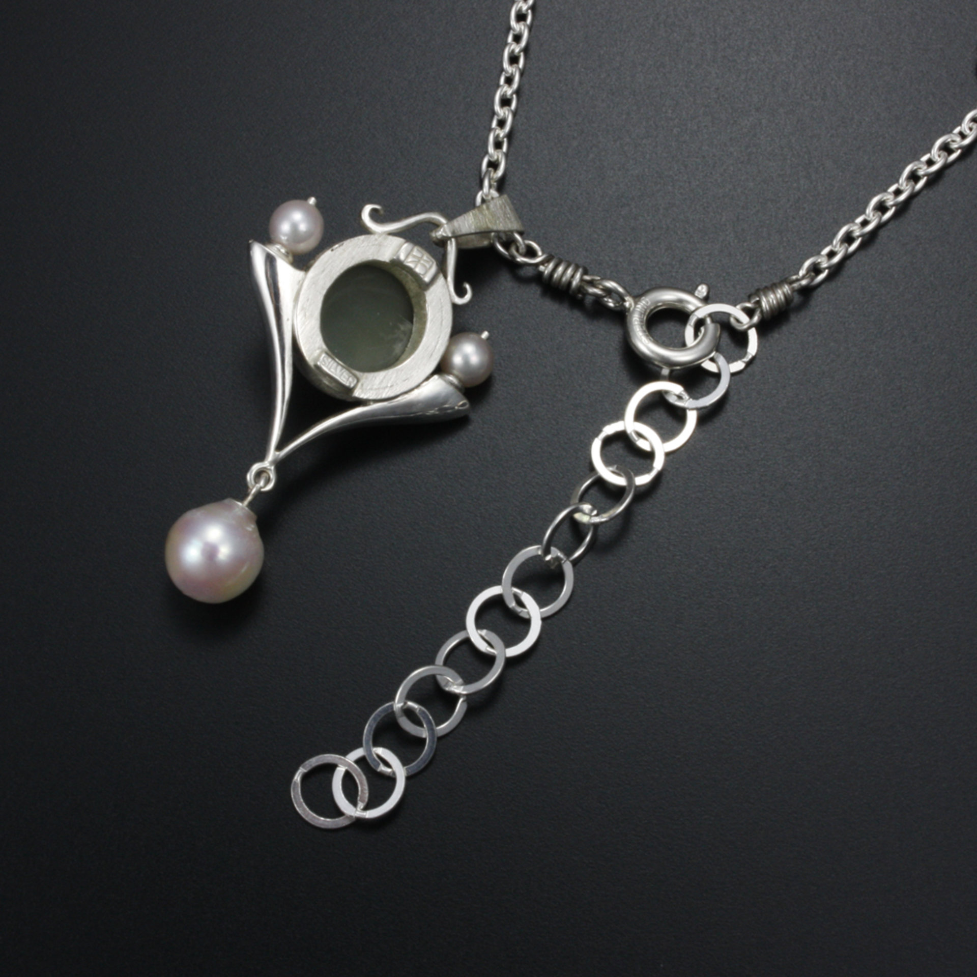 Catseye pendant necklace. silver pendant necklace, green actinolite and akoya pe