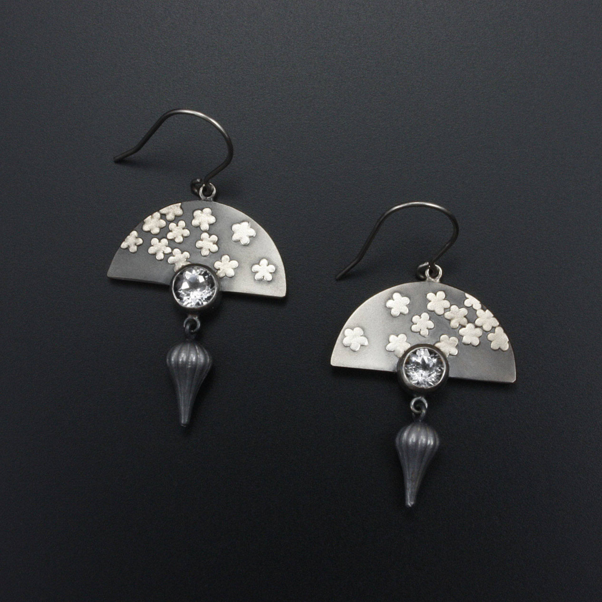 Oxidized silver earrings, Japan earrings, white topaz, Keum Boo Ume blossom fan