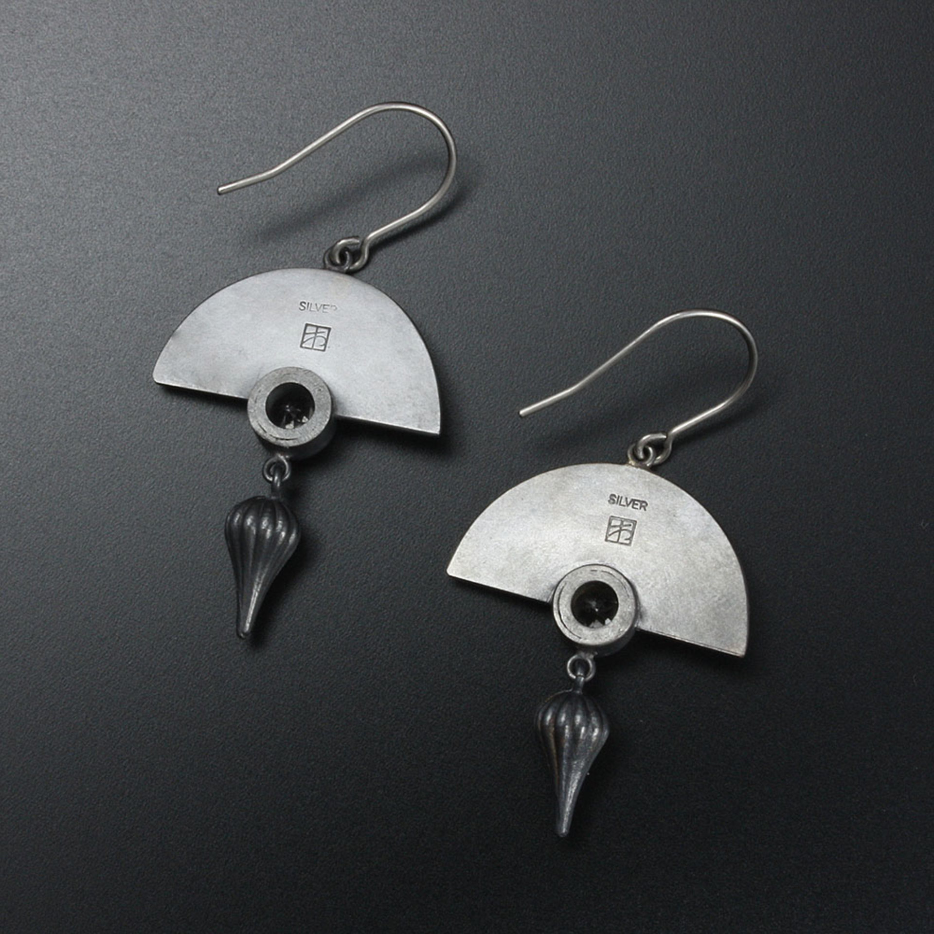 Oxidized silver earrings, Japan earrings, white topaz, Keum Boo Ume blossom fan