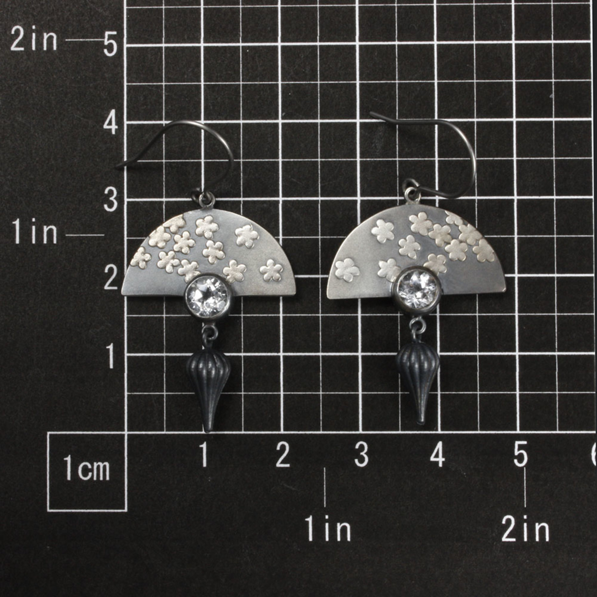 Oxidized silver earrings, Japan earrings, white topaz, Keum Boo Ume blossom fan