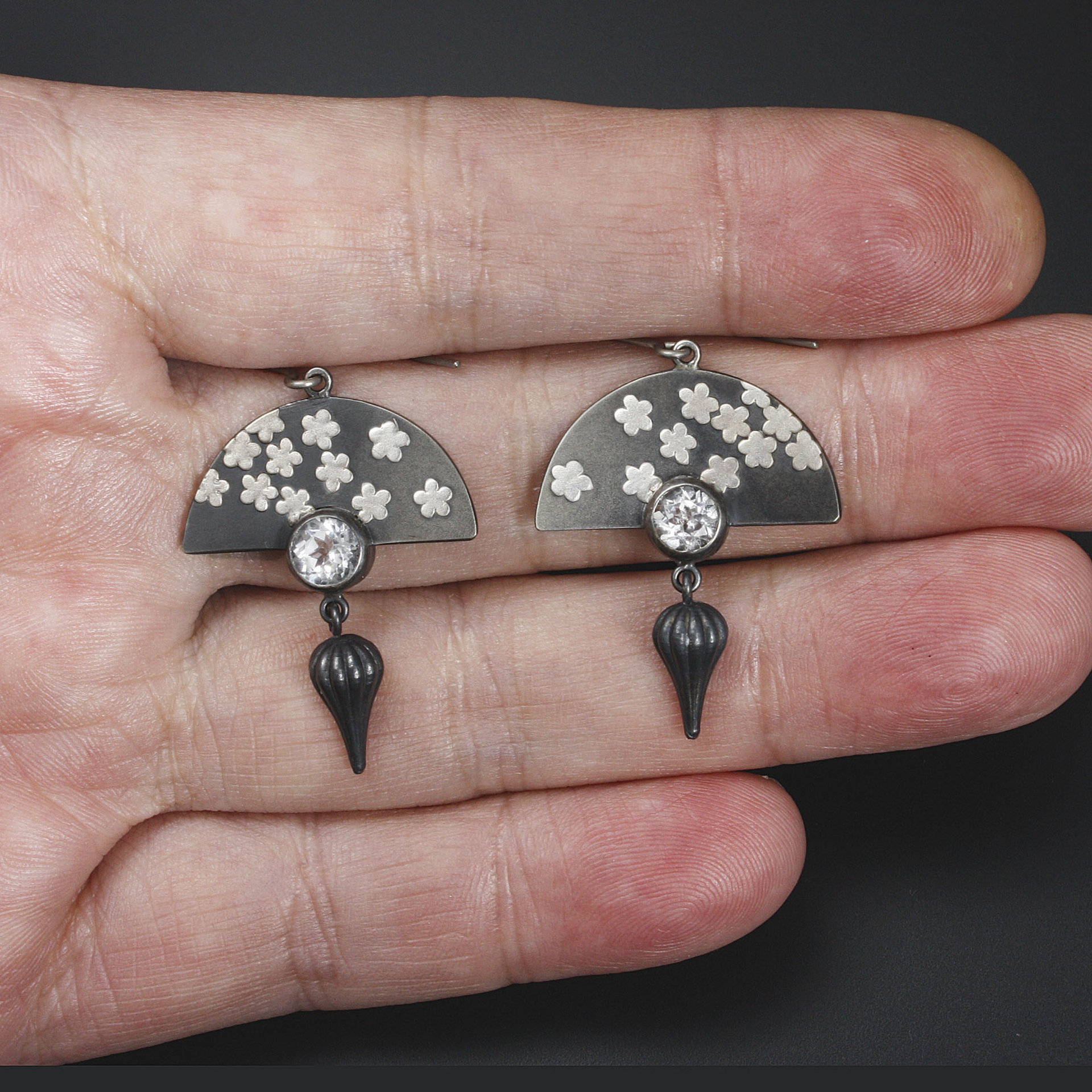 Oxidized silver earrings, Japan earrings, white topaz, Keum Boo Ume blossom fan