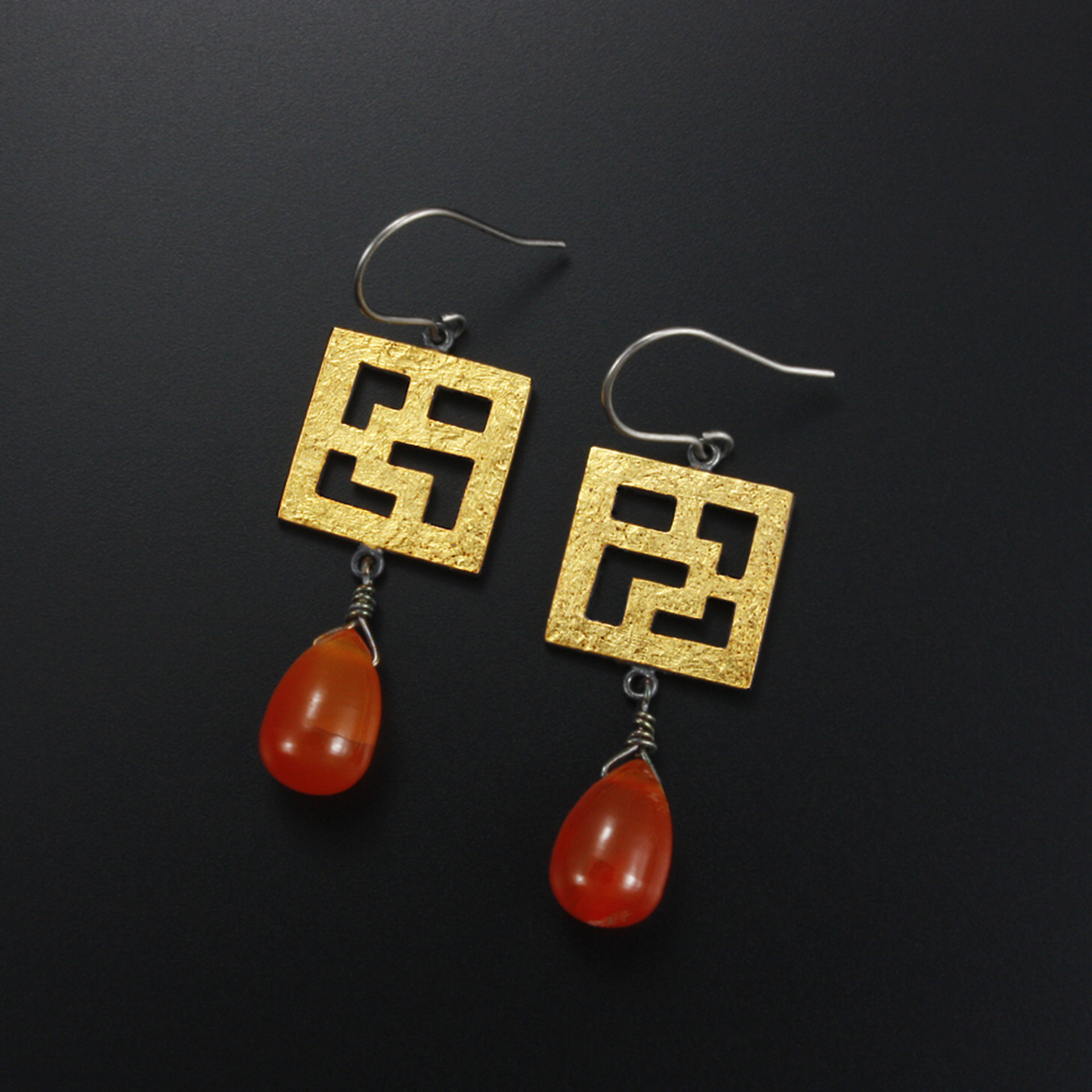 Asian style Keum Boo earrings, latticework earrings, orange earrings