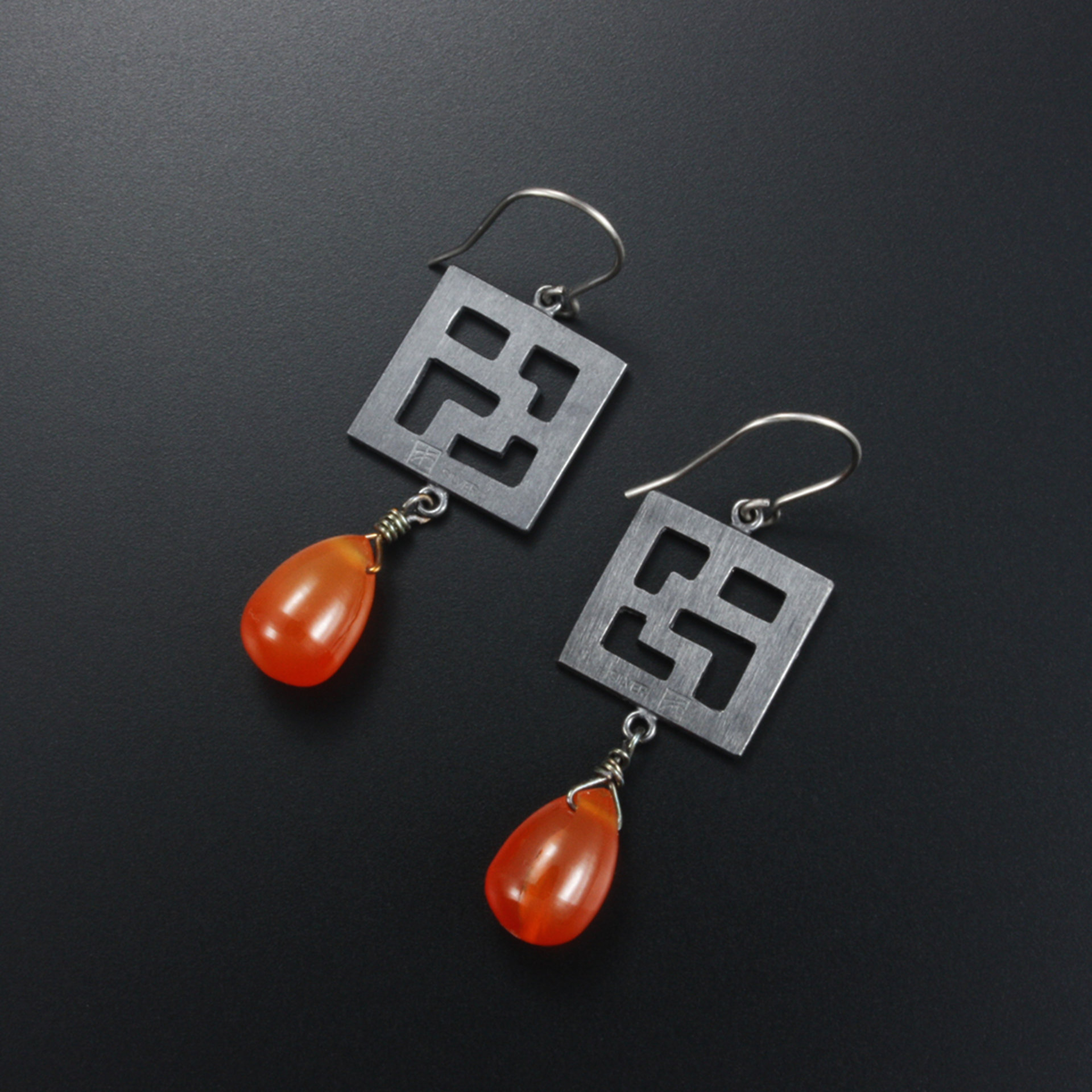 Asian style Keum Boo earrings, latticework earrings, orange earrings