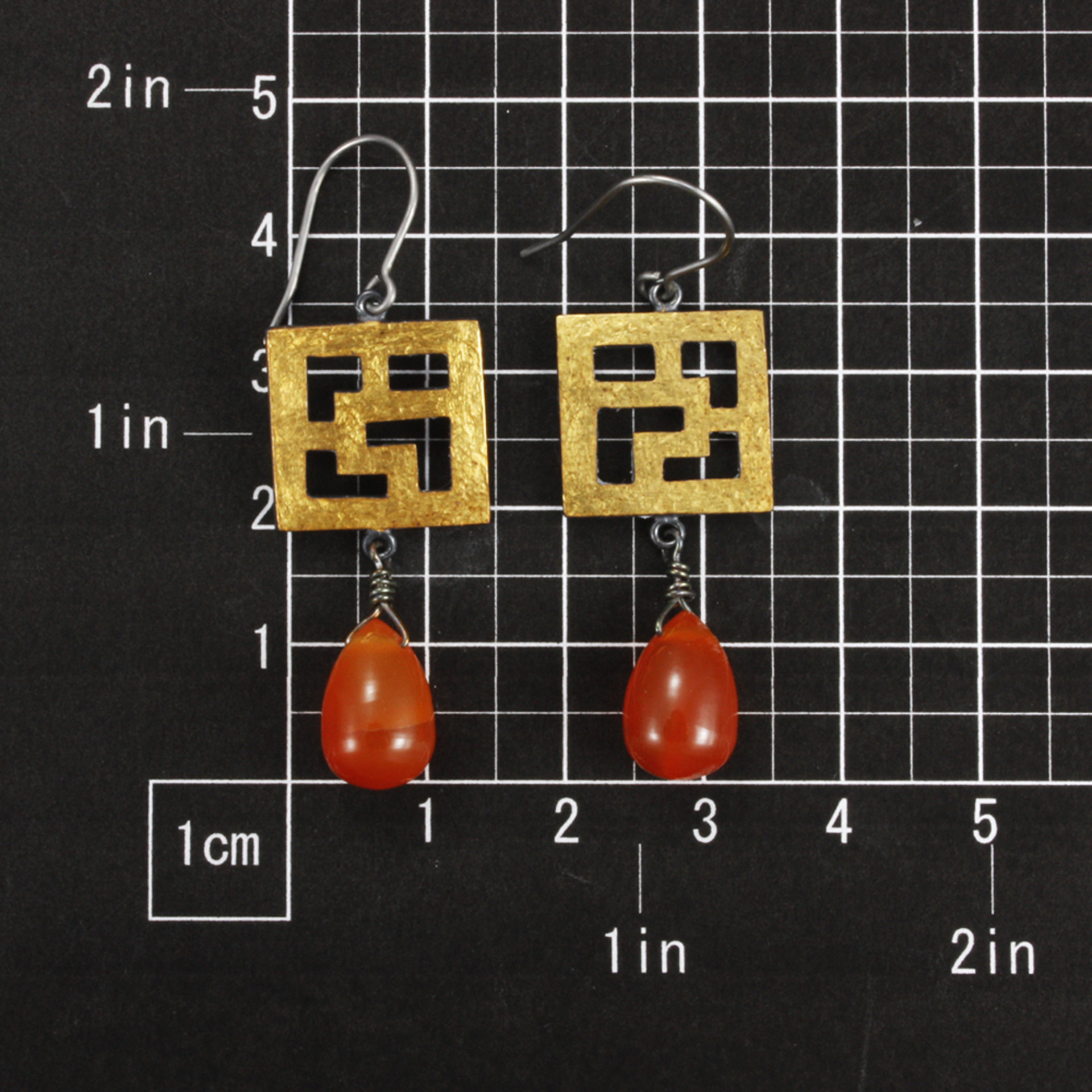 Asian style Keum Boo earrings, latticework earrings, orange earrings