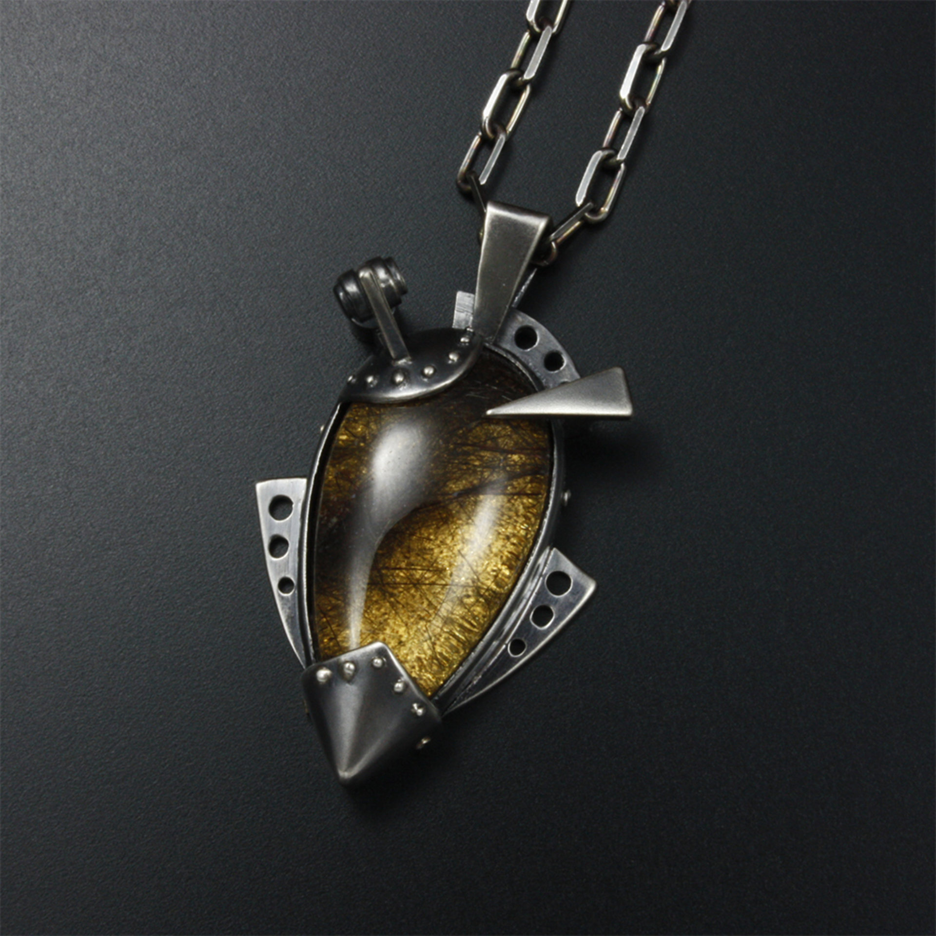 Steampunk pendant, oxidized silver pendant, black rutilated quartz pendant