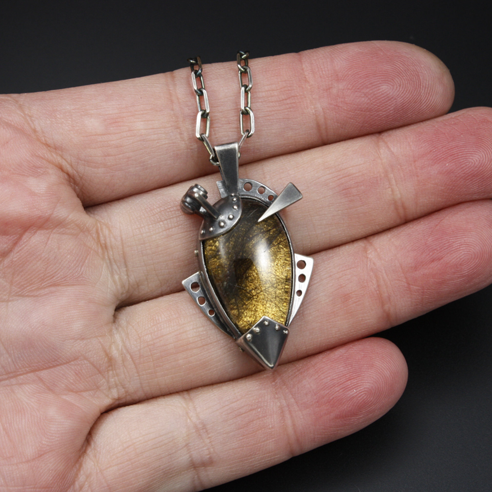 Steampunk pendant, oxidized silver pendant, black rutilated quartz pendant