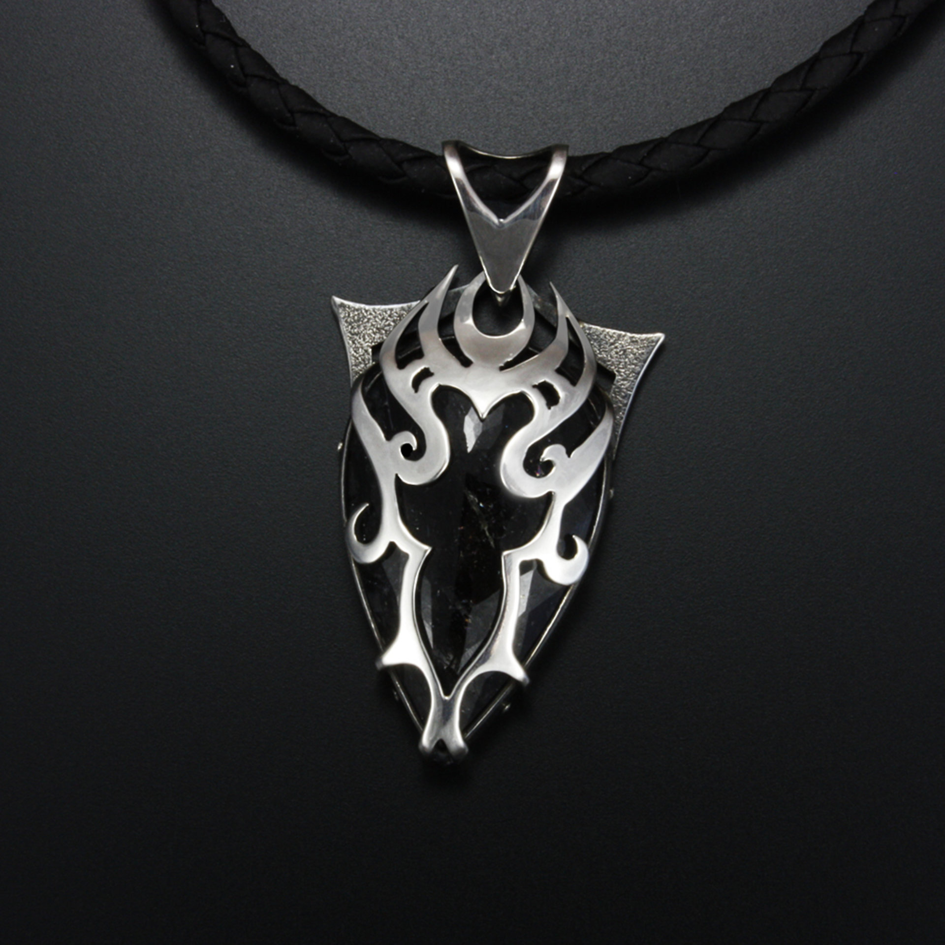 Tribal silver pendant necklace, black rutilated quartz pendant, oxidized silver