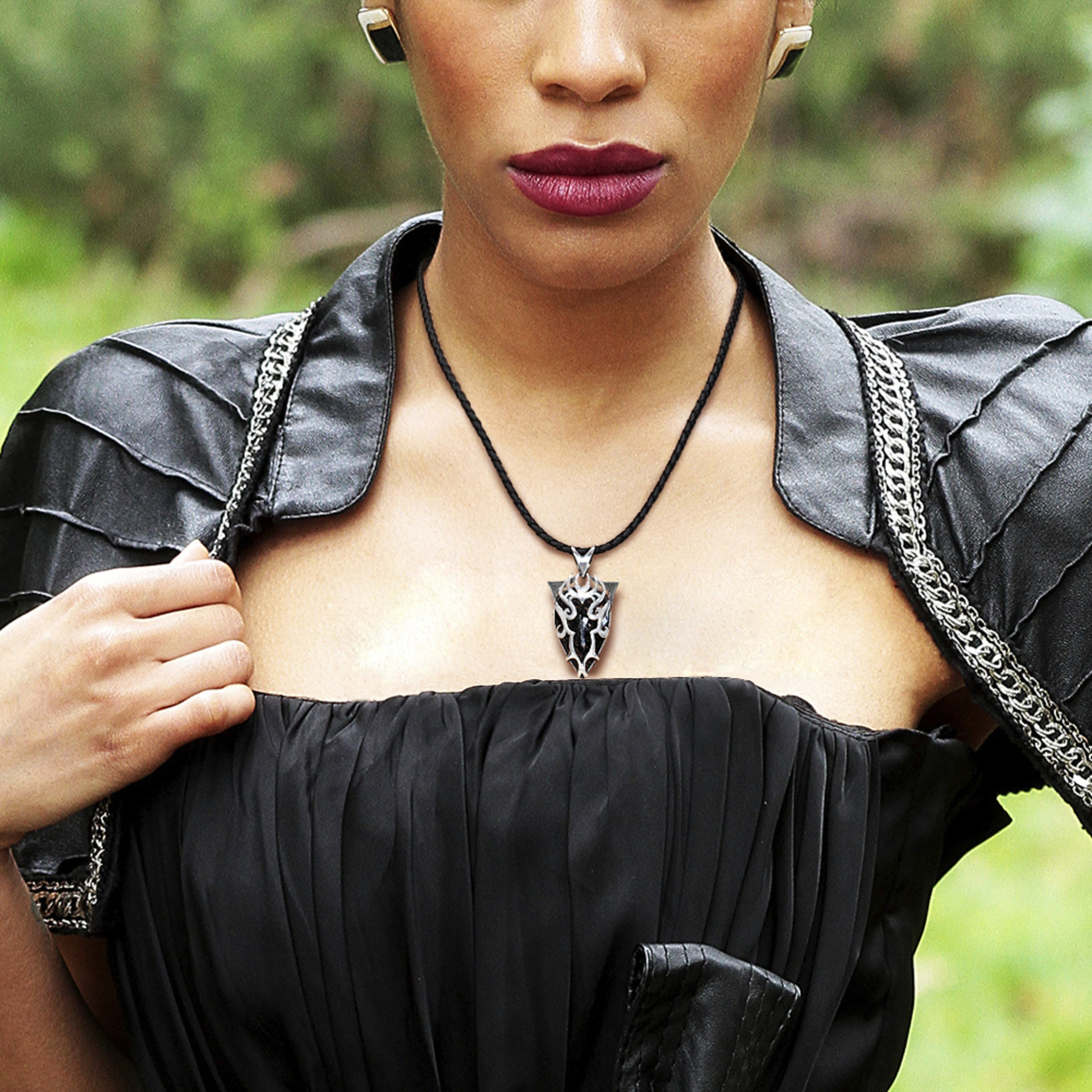 Tribal silver pendant necklace, black rutilated quartz pendant, oxidized silver