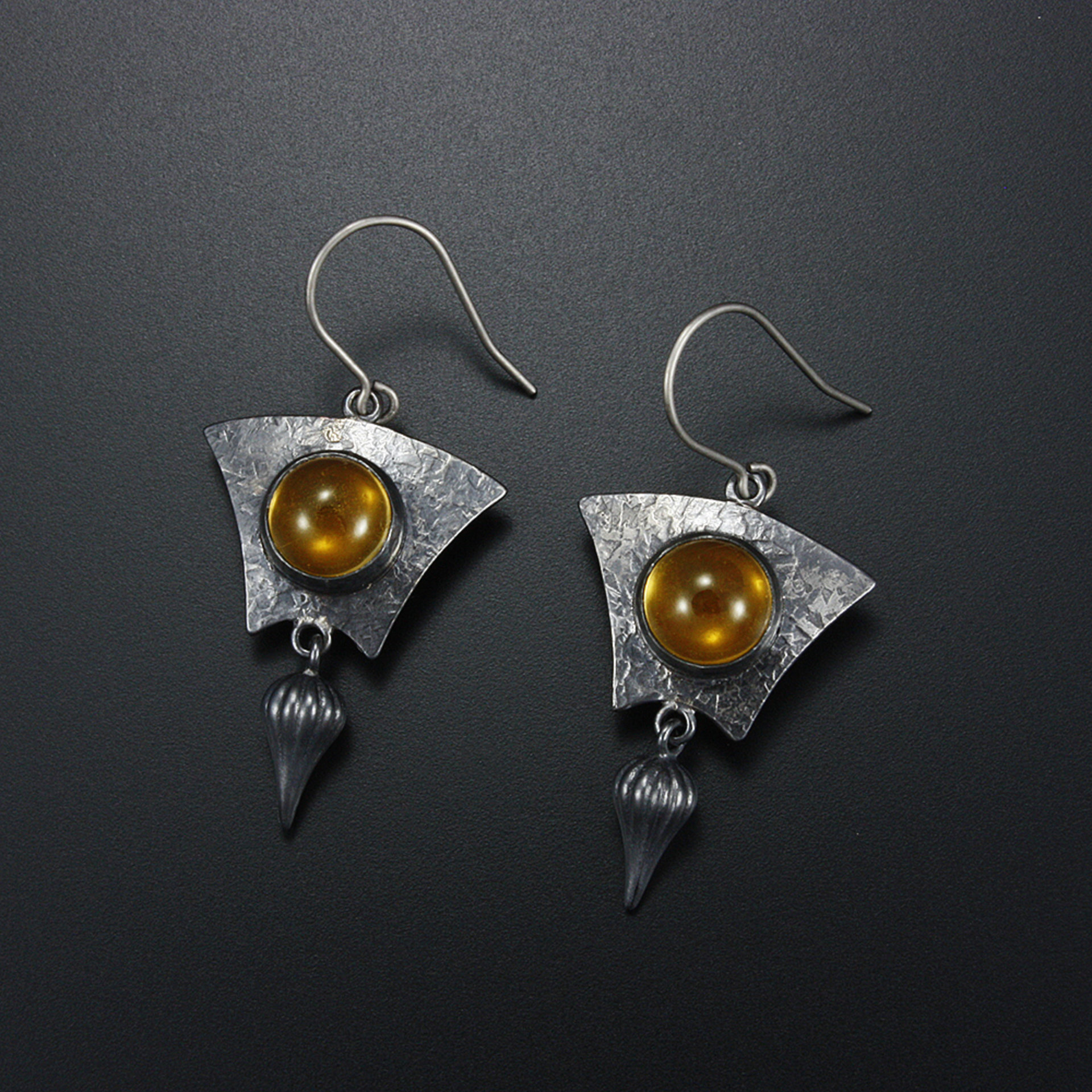 Round citrine cab earrings, oxidized silver earrings