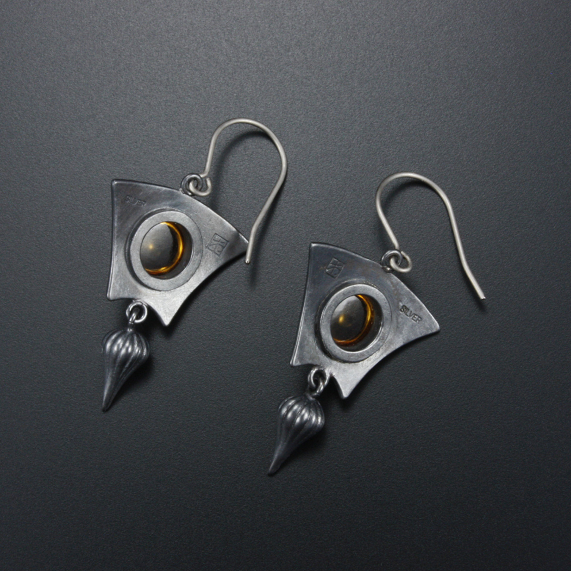 Round citrine cab earrings, oxidized silver earrings