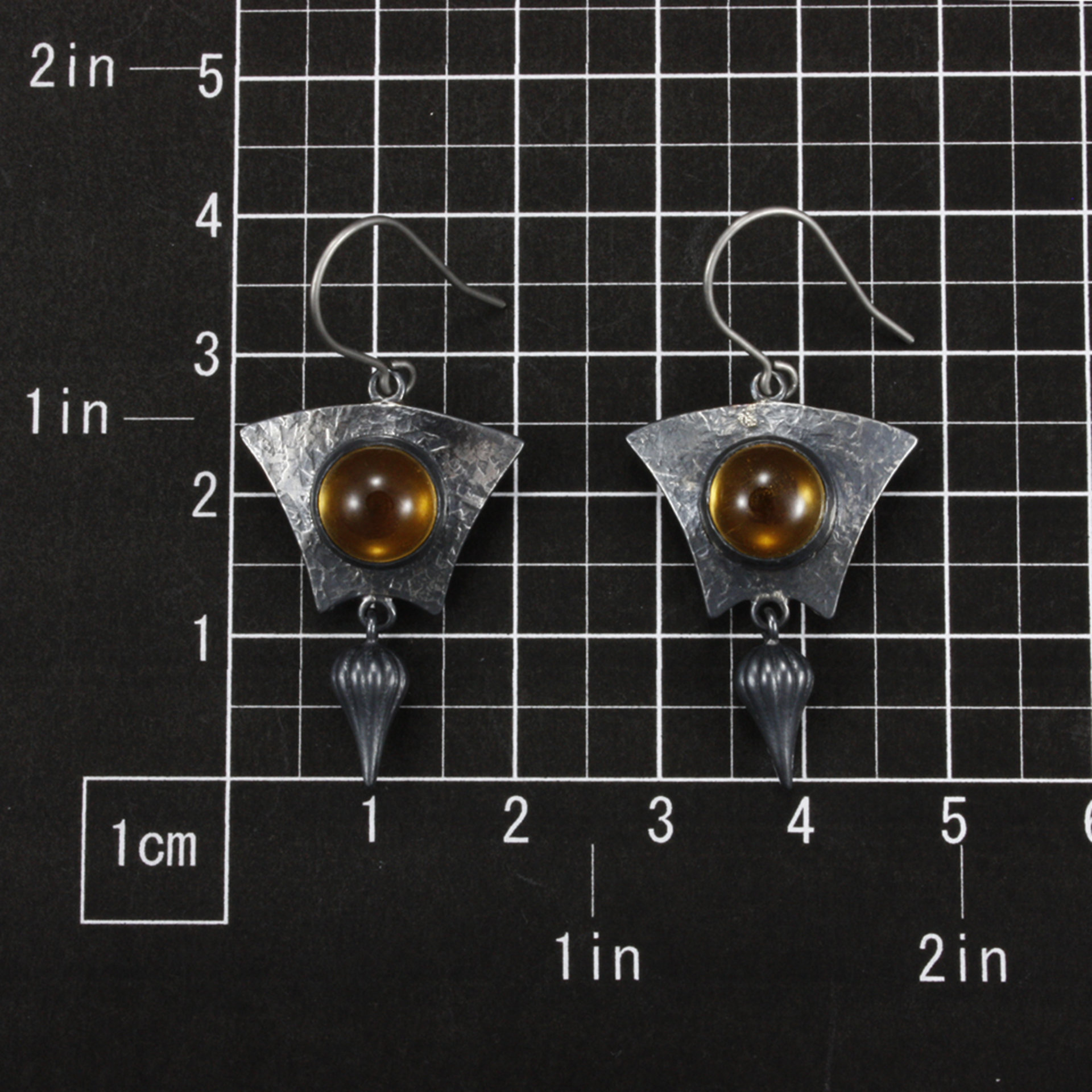 Round citrine cab earrings, oxidized silver earrings