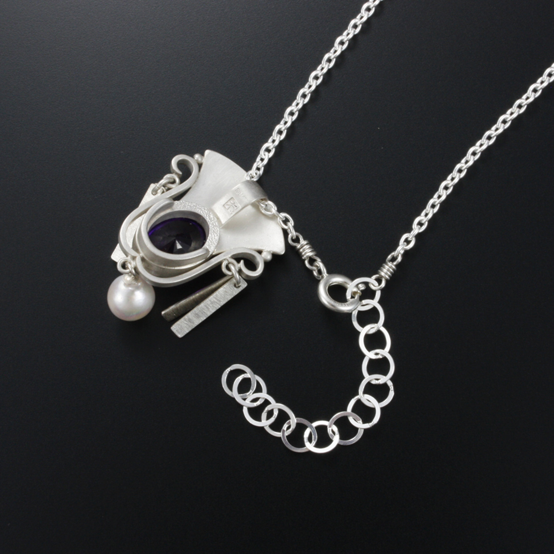 Amethyst silver pendant necklace, Keum Boo pendant necklace, lotus pendant neckl