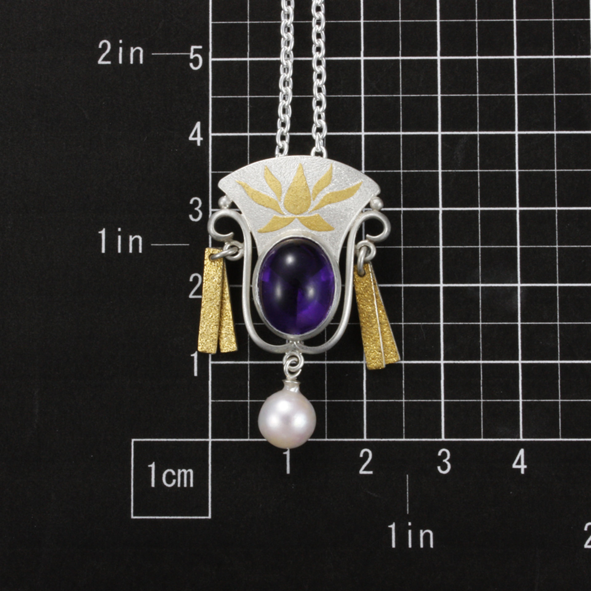 Amethyst silver pendant necklace, Keum Boo pendant necklace, lotus pendant neckl