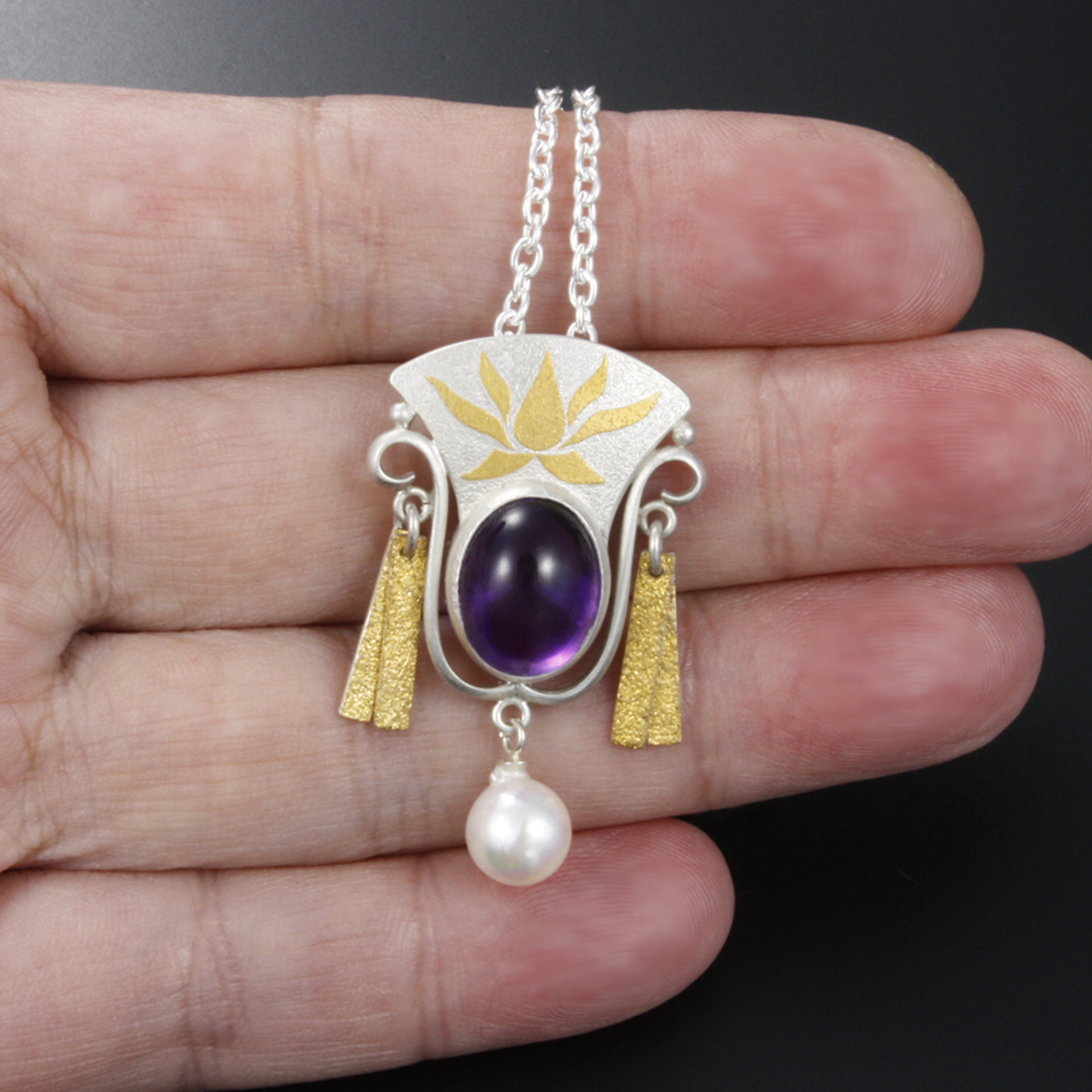 Amethyst silver pendant necklace, Keum Boo pendant necklace, lotus pendant neckl