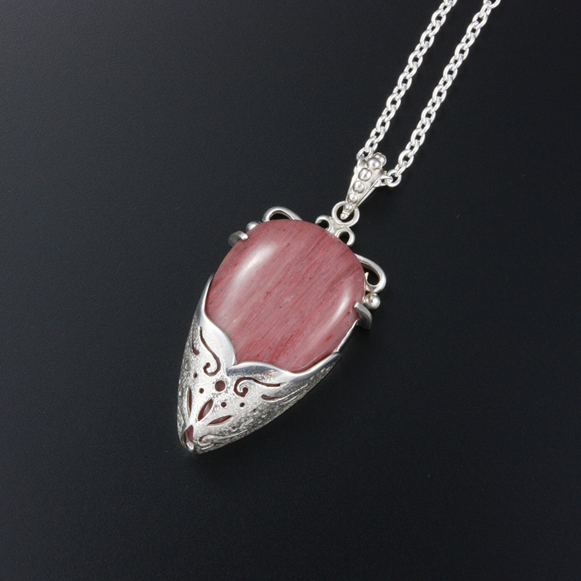 Sold: Pink stone pendant necklace, silver pendant necklace, openwork pendant necklace