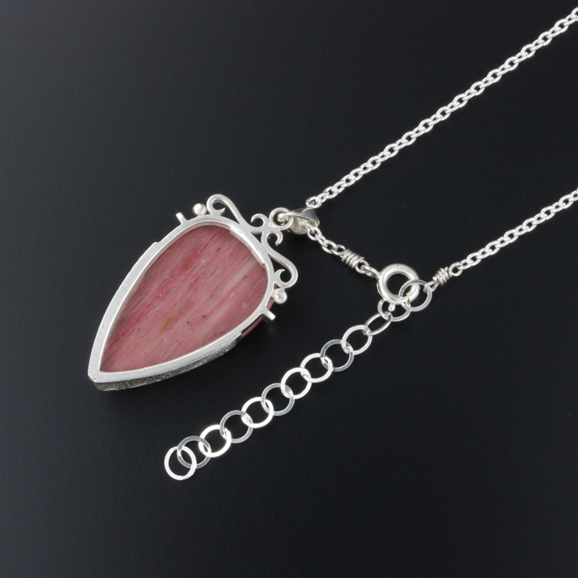 Sold: Pink stone pendant necklace, silver pendant necklace, openwork pendant necklace