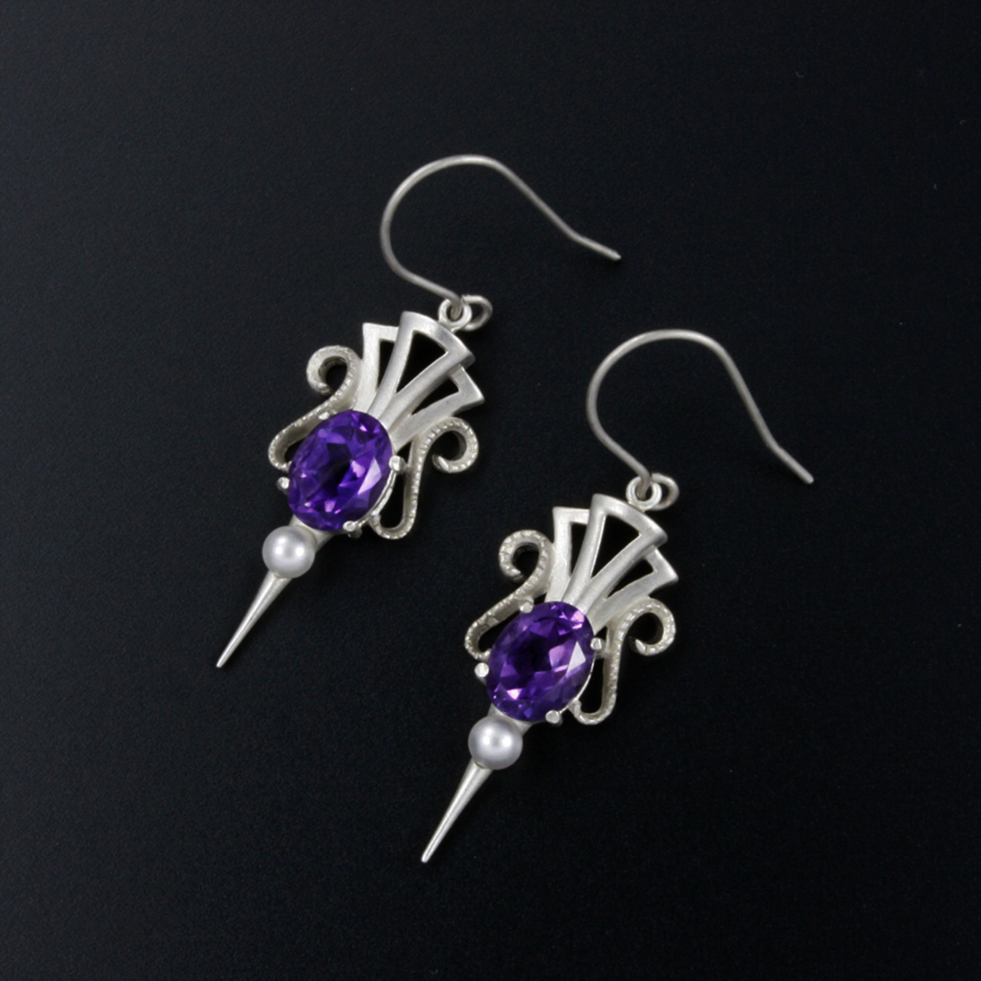 Amethyst earrings, silver earrings, Art Deco style arrow earrings
