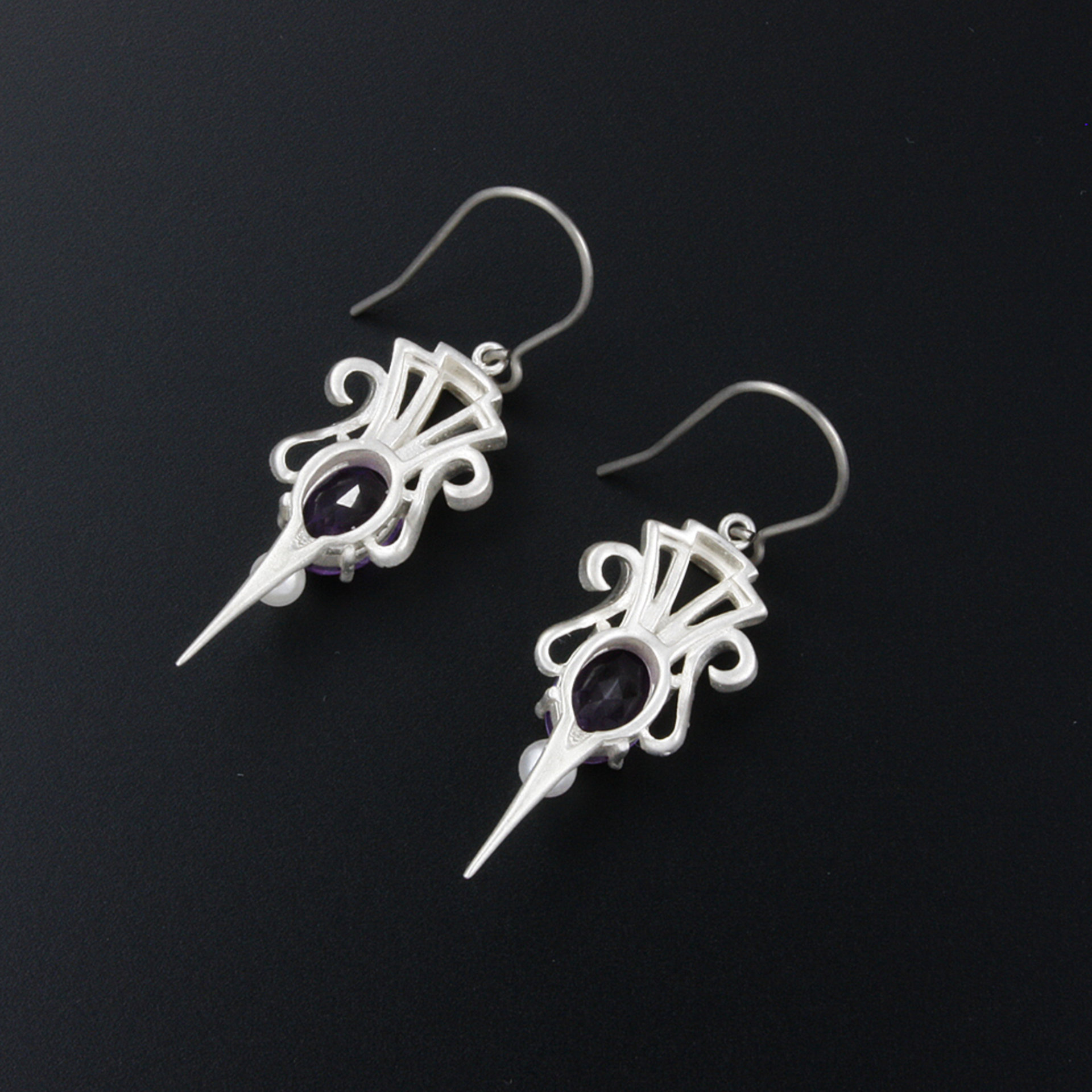 Amethyst earrings, silver earrings, Art Deco style arrow earrings