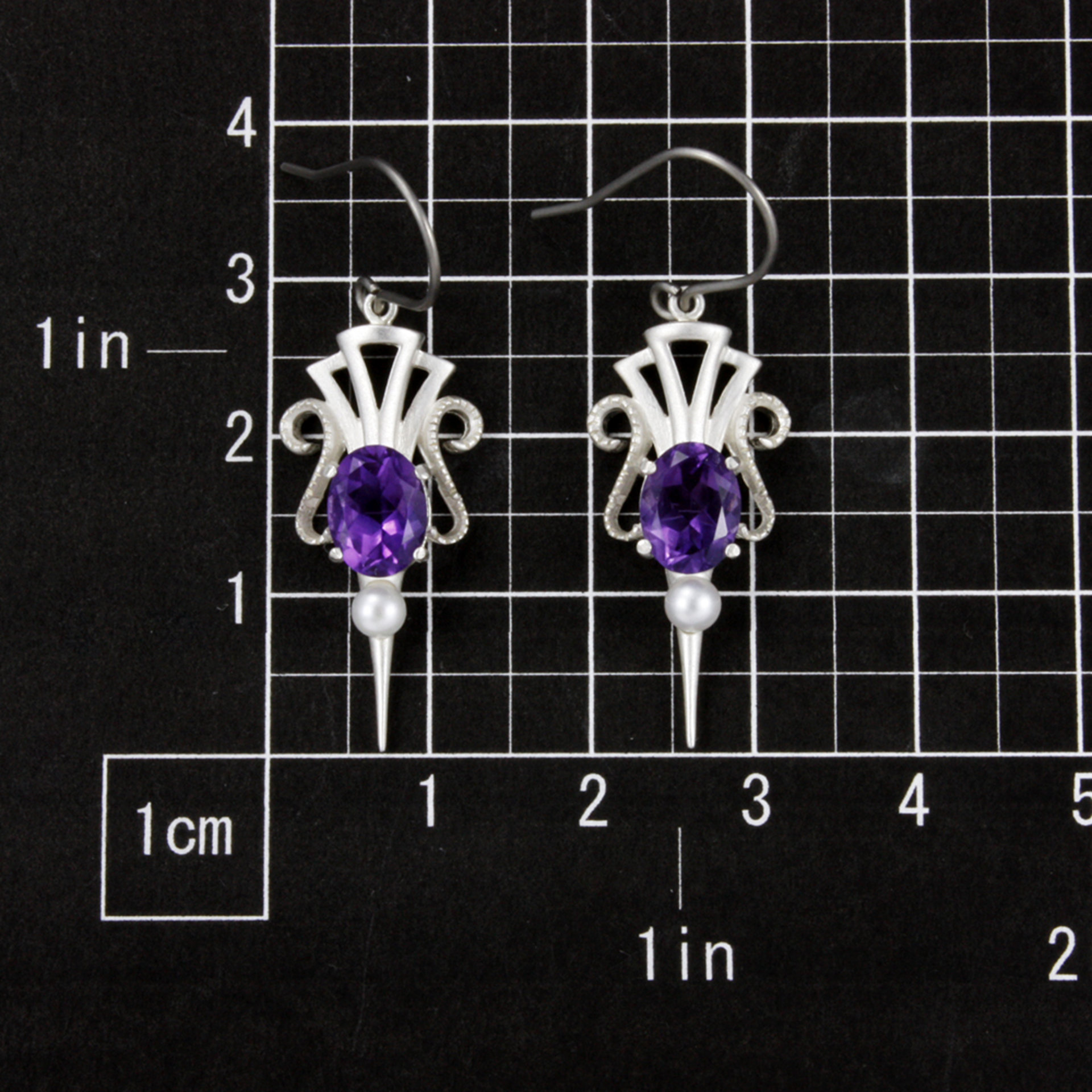 Amethyst earrings, silver earrings, Art Deco style arrow earrings